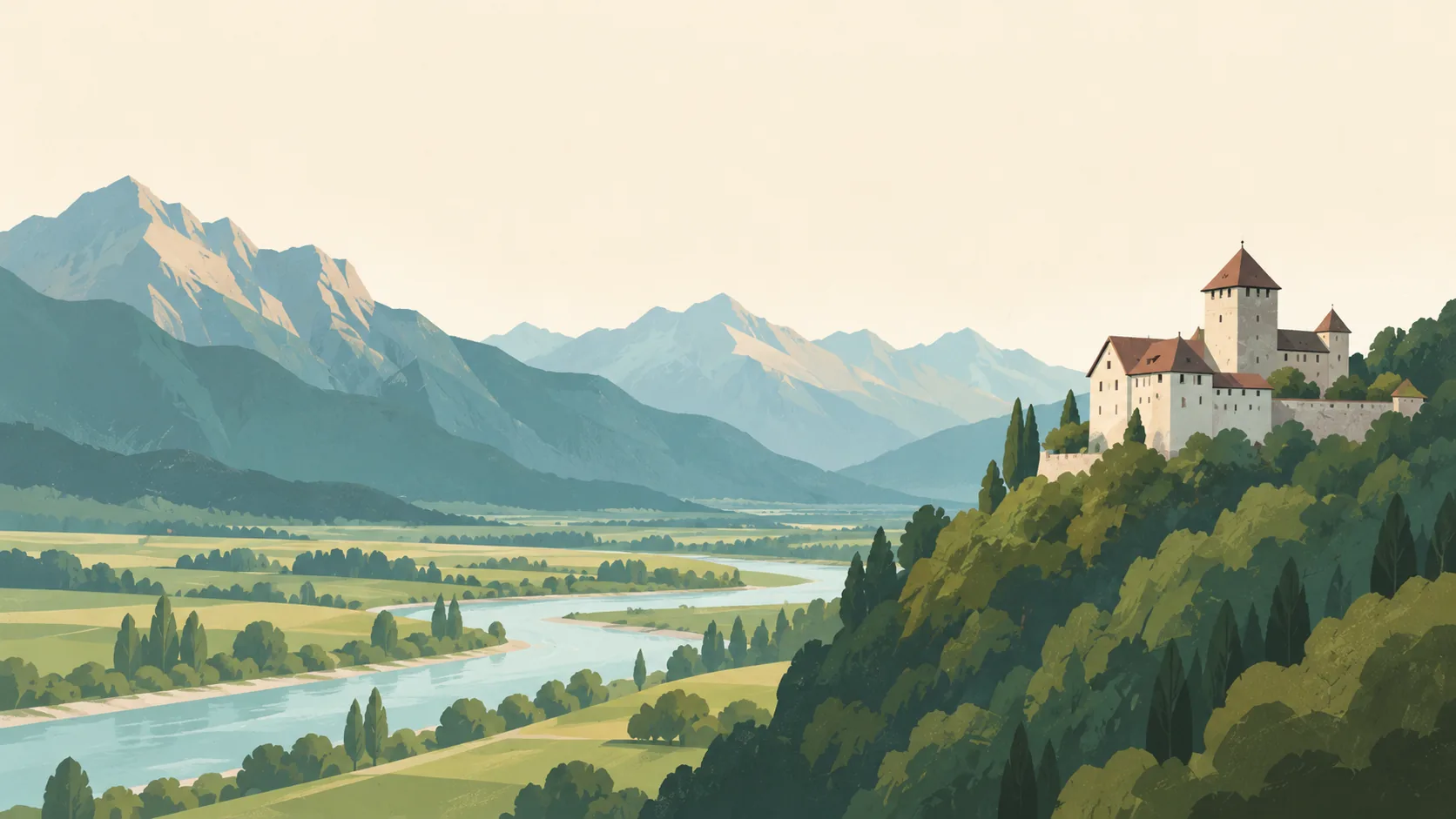 Editorial illustration of Vaduz Castle on its wooded hillside, the Rhine valley in broad green meadow shapes and the distant soft Alps. One small castle dominant on the right.