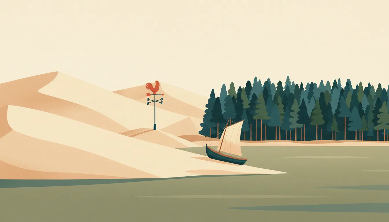 Editorial illustration of the high dunes and pine forest of the Curonian Spit with a lagoon shore and fishing boat.