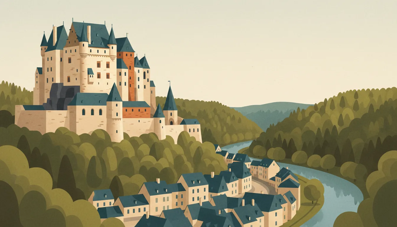 Editorial illustration of vianden: the restored hilltop castle above a slate-roofed town and a wooded Our valley.