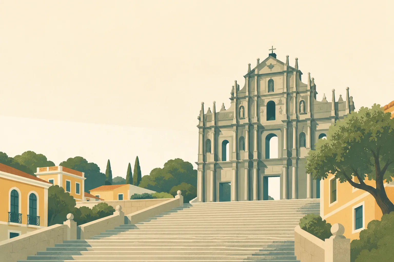 Editorial illustration: The stone facade of the Ruins of Saint Paul's in Macao above broad pale steps, a few ochre historic buildings and one olive tree, no casino skyline.