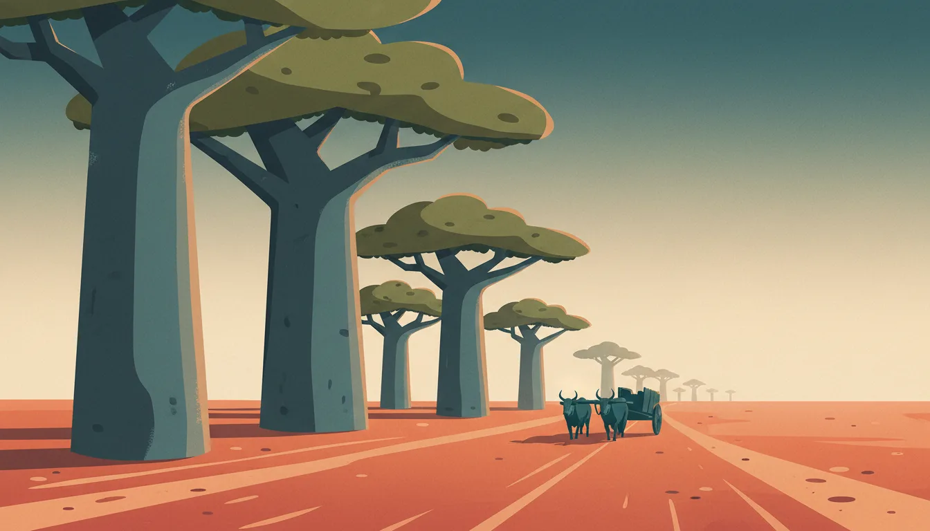 Editorial illustration of the Avenue of the Baobabs at dusk with a red earth road and an ox cart.