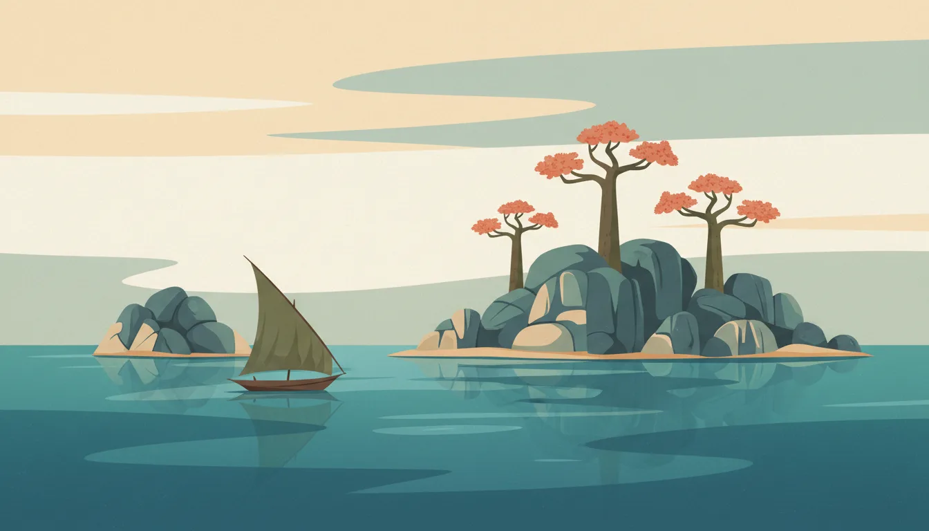 Editorial illustration of lake Malawi: a wooden dhow on the clear lake at Cape Maclear with granite islands and baobabs.