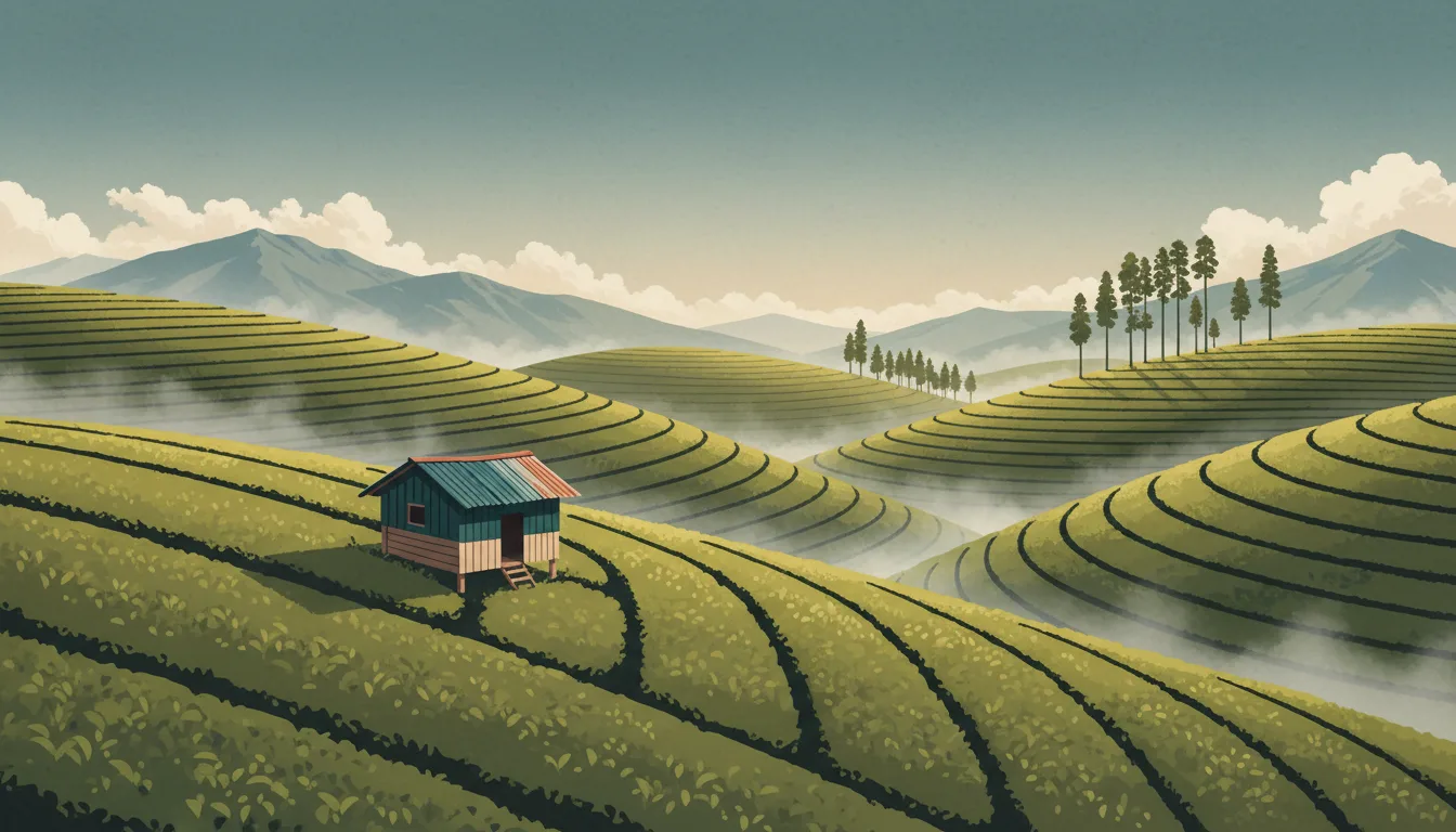 Editorial illustration of Cameron Highlands tea terraces under soft mist with a small tea-pickers' shelter.