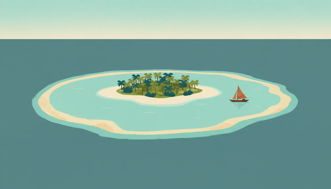 Editorial illustration of one small green island in a ring of turquoise lagoon with a single dhoni.