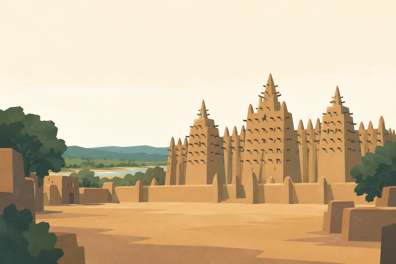 Editorial illustration: The Great Mosque of Djenne in earthen adobe with its characteristic wooden toron beams and three towers, quiet ochre square and soft ivory sky.