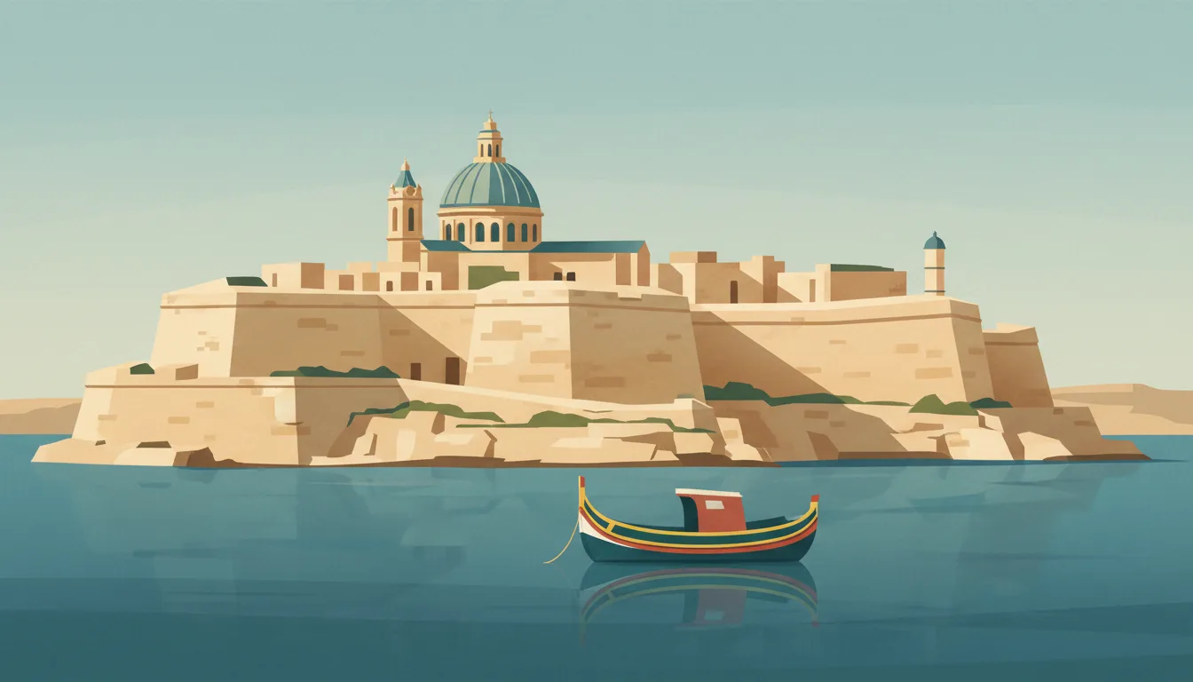 Editorial illustration of Valletta's honey limestone bastions and church dome above a blue harbour with a luzzu boat.