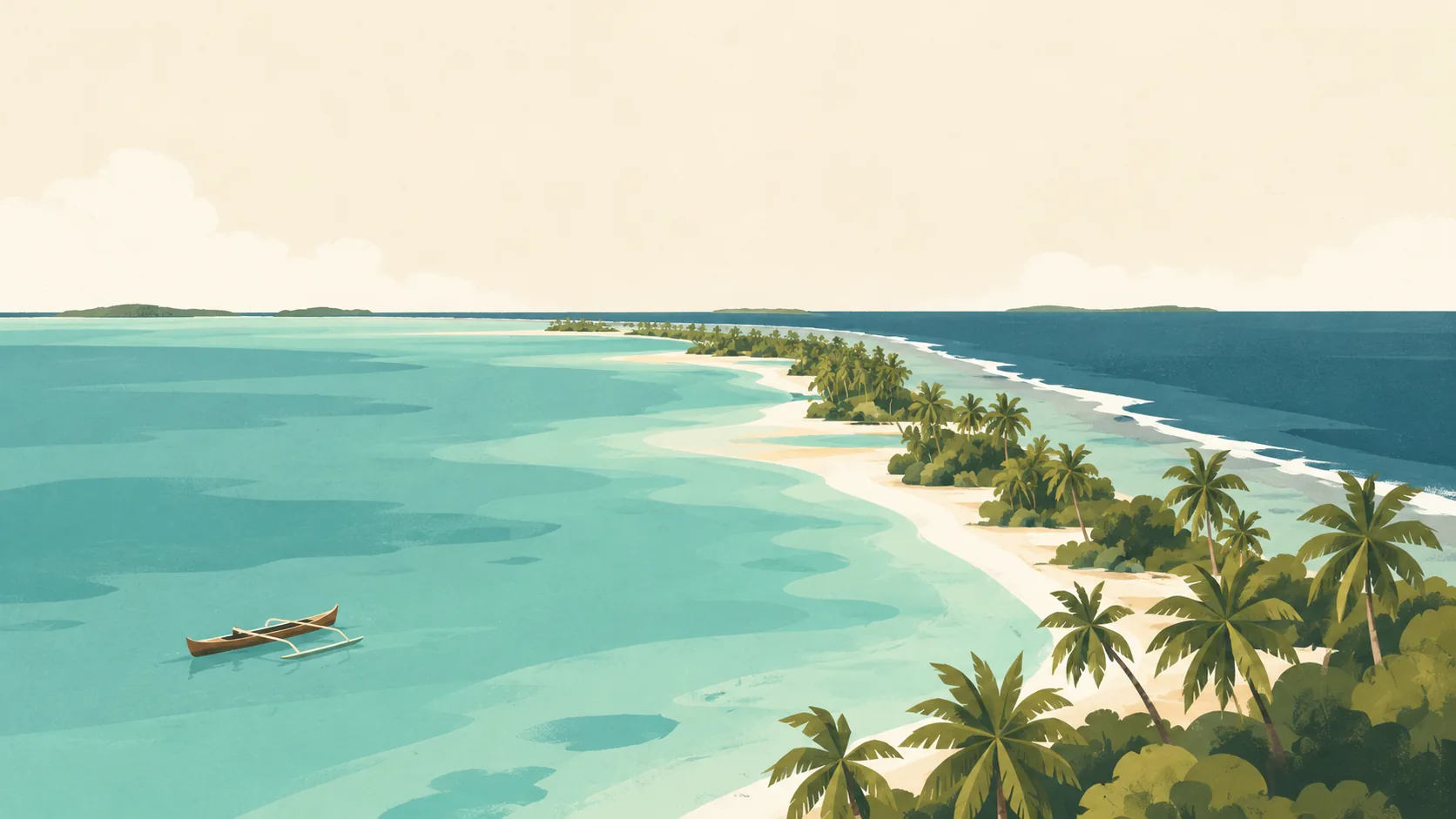 Editorial illustration of The Marshall Islands' low Majuro atoll: a very narrow green palm-lined coral strip curving between a pale lagoon and deep slate-teal ocean, one simple traditional outrigger canoe.