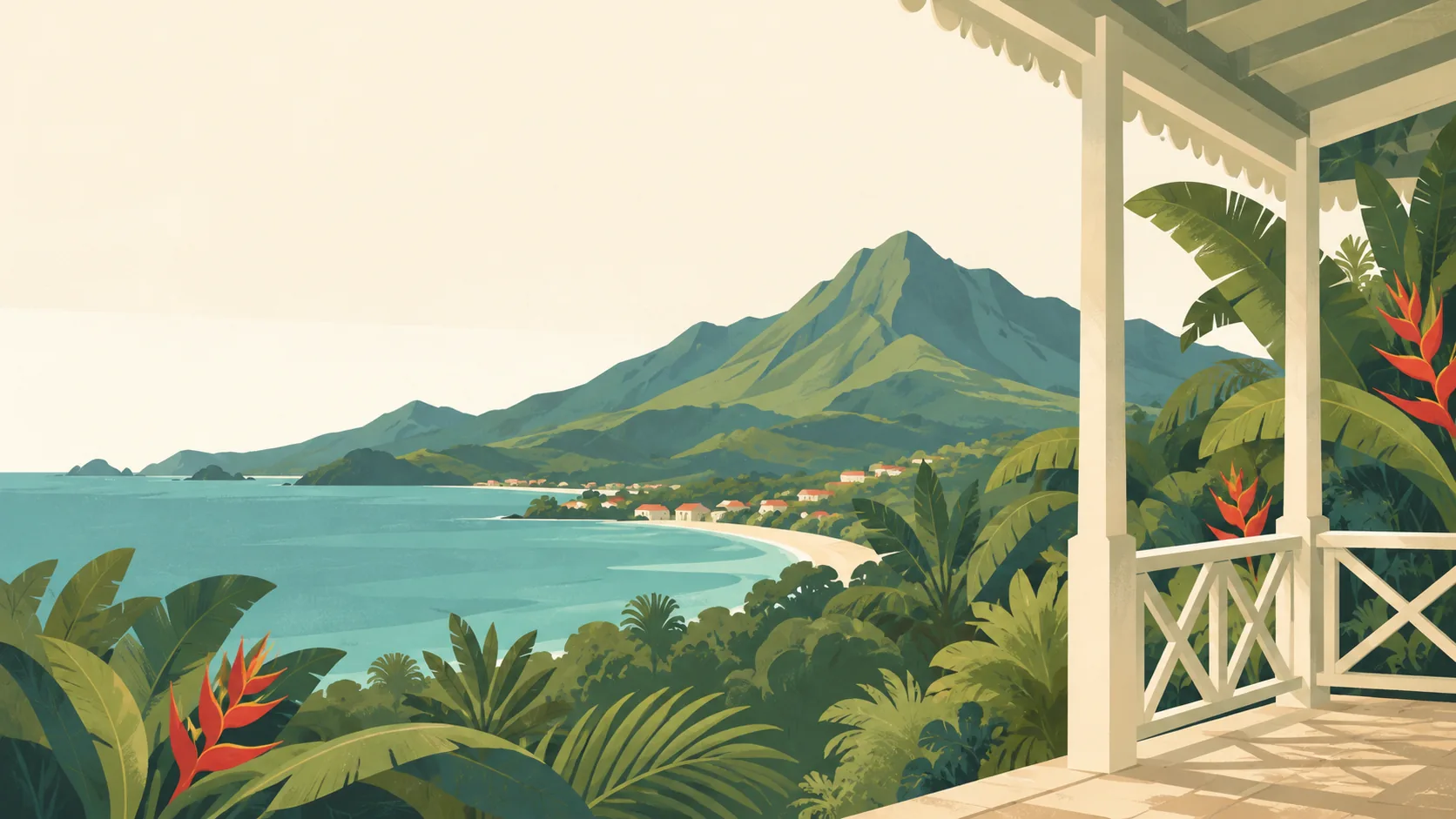 Editorial illustration of Martinique: a simple shaded Creole garden veranda, broad tropical leaves and red heliconia with Mount Pelée's soft green ridge in the distance, muted sand and teal palette.