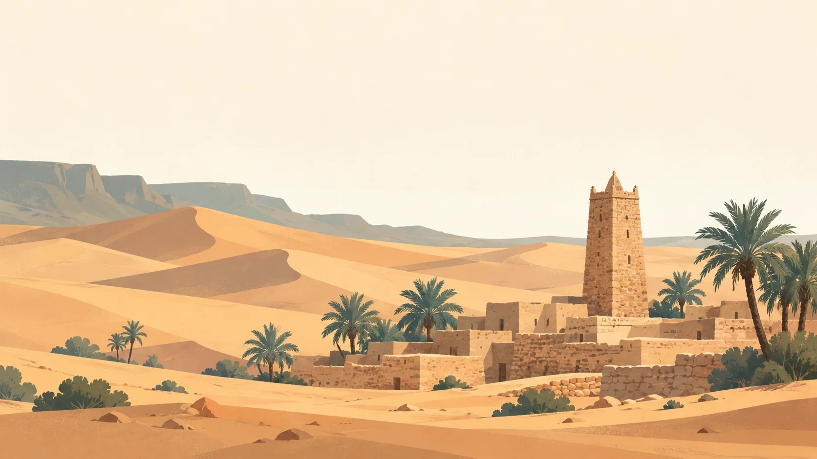Editorial illustration of Mauritania's Chinguetti: a single old square stone minaret above a few low sand-stone houses, wind-shaped ochre dunes and sparse date palms.