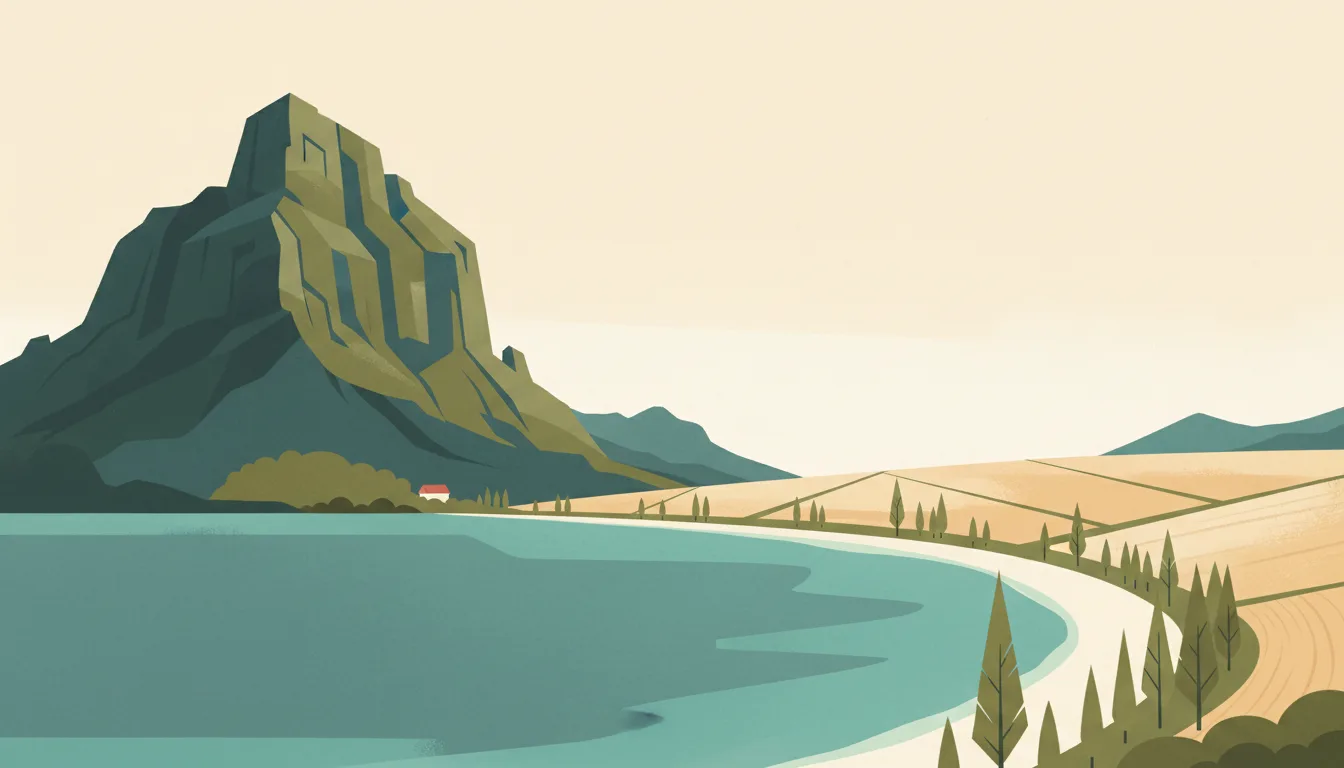 Editorial illustration of Le Morne mountain above a turquoise lagoon, white beach and sugar cane.