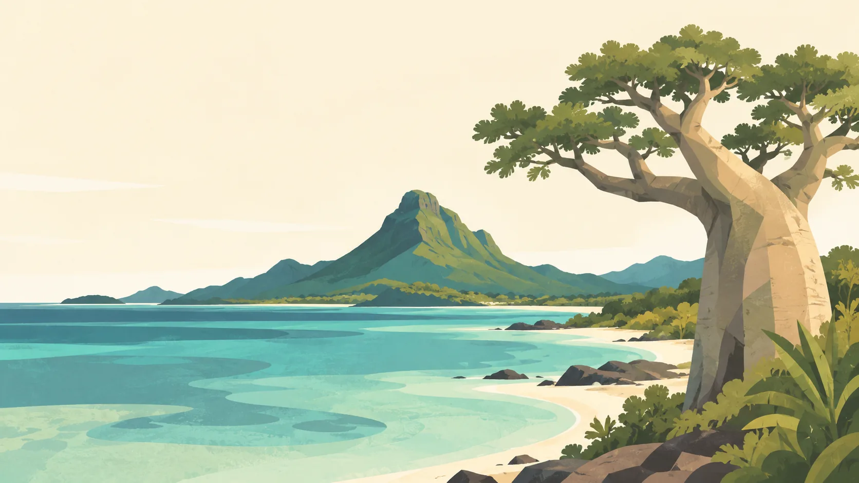 Editorial illustration of Mayotte: a single baobab beside a quiet lagoon shore, broad muted-turquoise reef water and Mount Choungui's distinctive green cone in the distance, restrained tropical foliage.