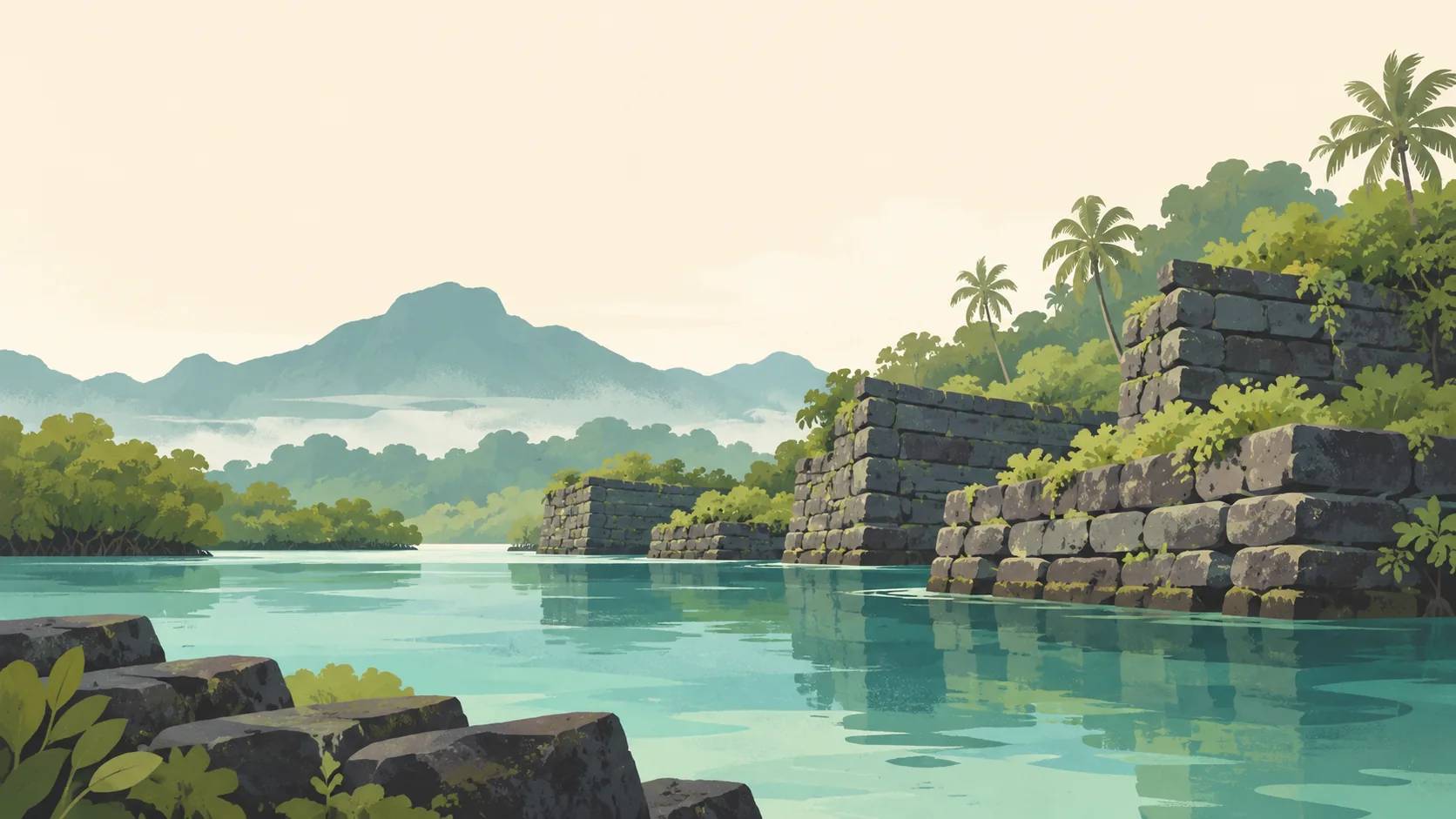 Editorial illustration of Pohnpei's Nan Madol in the Federated States of Micronesia: monumental dark basalt log-stone walls beside a calm tidal channel, soft mangrove and rainforest shapes, pale misty sky.