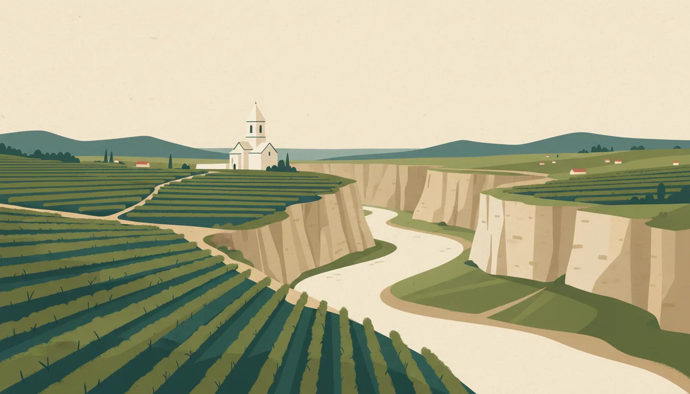 Editorial illustration of orheiul Vechi: a limestone river gorge with a white cave-monastery bell tower on the ridge and vineyard rows.