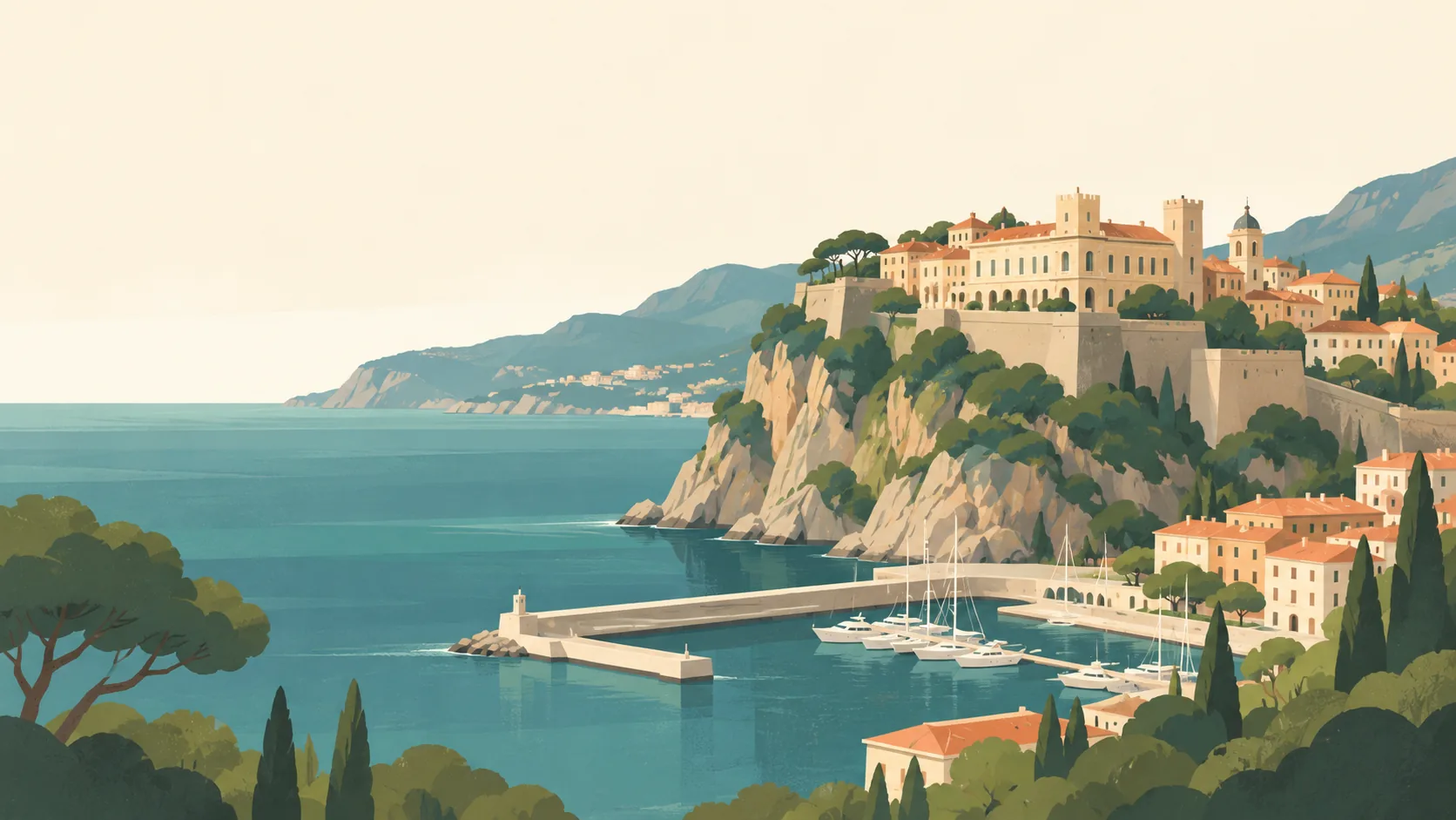 Editorial illustration of Monaco's pale stone Prince's Palace and old town on the Rock, a few terracotta rooftops above a restrained deep-teal Mediterranean harbour.