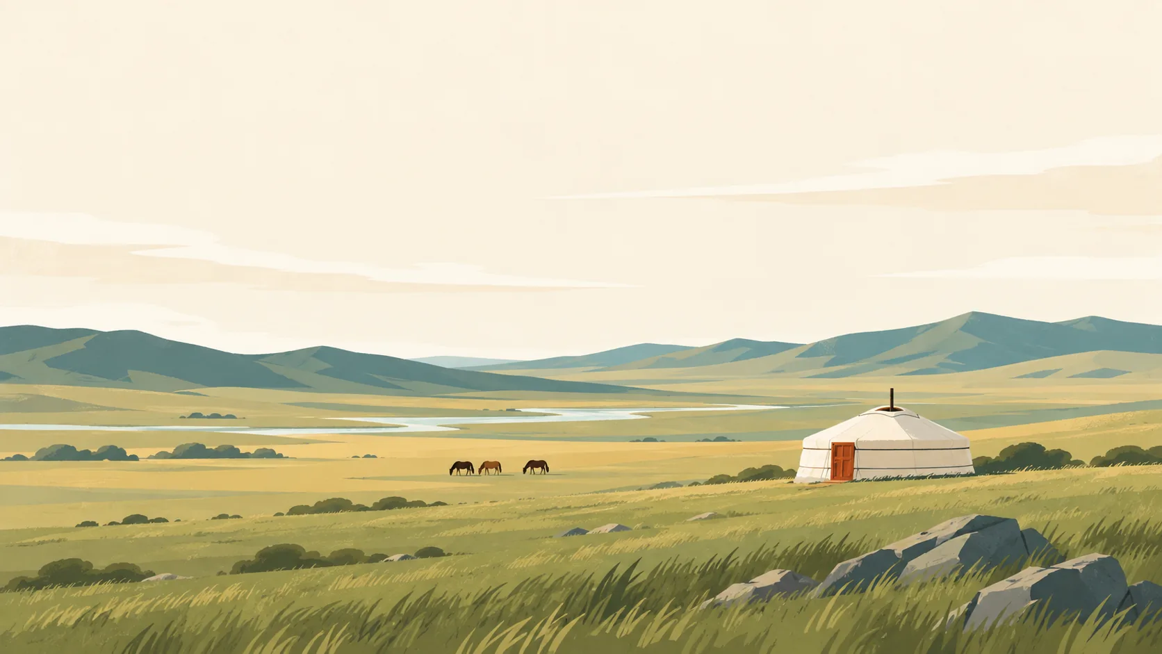 Editorial illustration of A single traditional ivory felt ger on a vast gently rolling Mongolian grassland.
