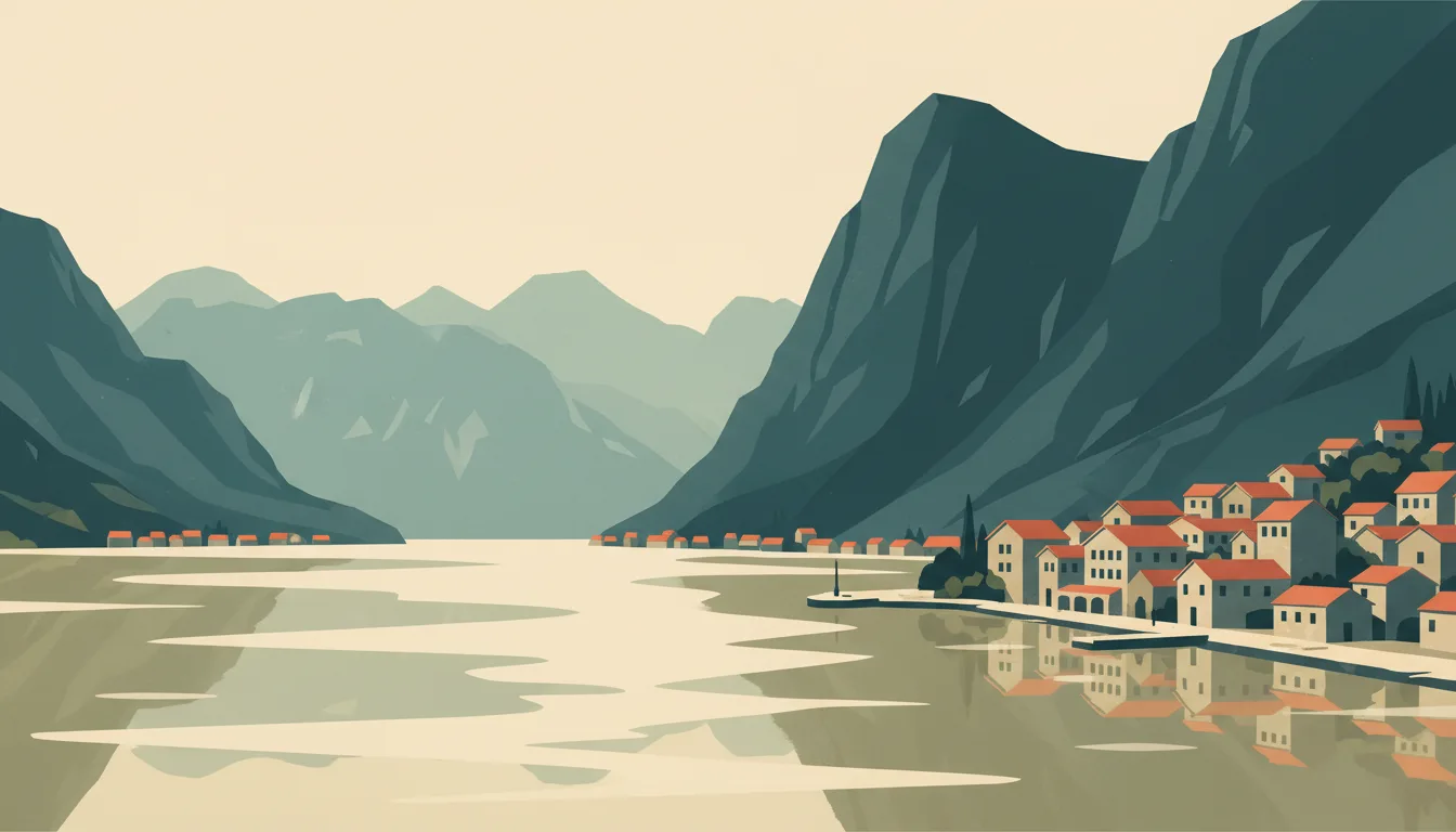 Editorial illustration of a stone village with terracotta roofs on the Bay of Kotor beneath steep grey mountains.