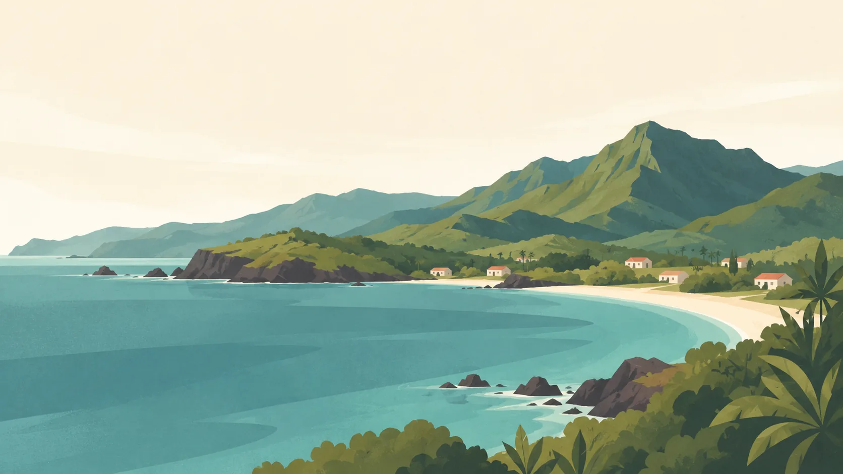 Editorial illustration of Montserrat's safe northern landscape: a quiet Little Bay with a few simple low houses, a broad green volcanic ridge in the distance and subdued teal water.