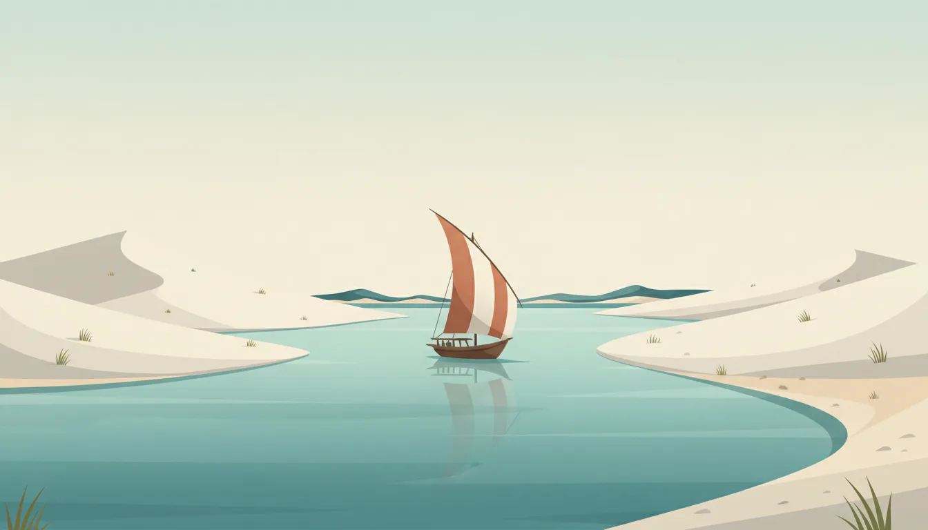Editorial illustration of bazaruto: a dhow sailing between white sand dunes and a turquoise channel.