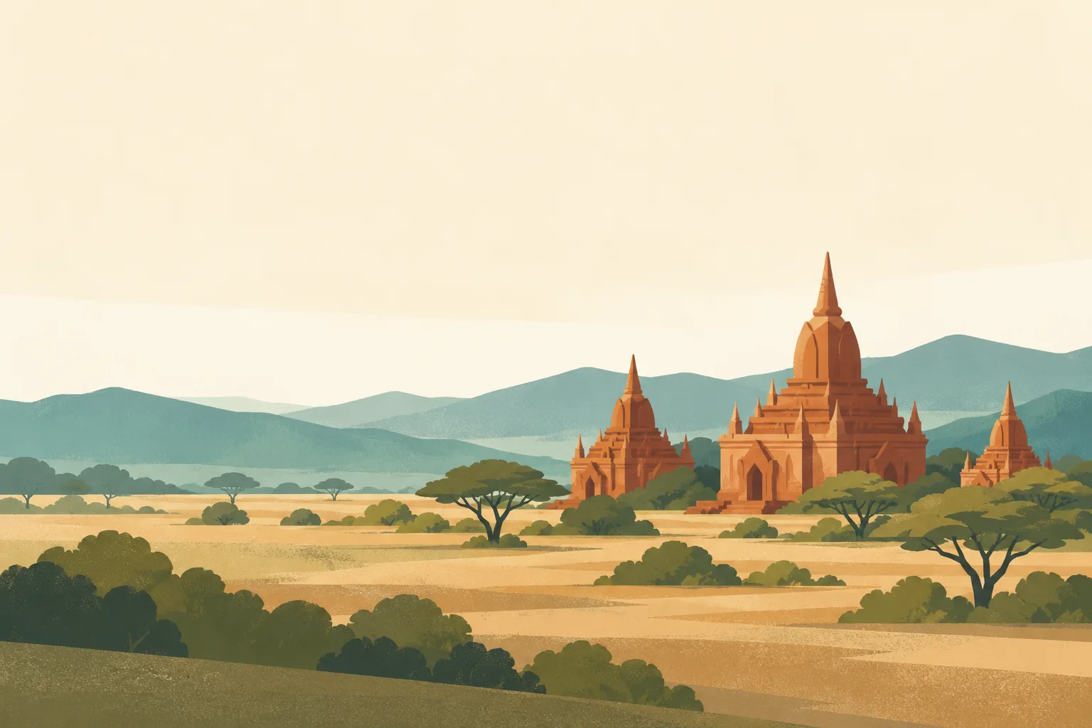 Editorial illustration: Three warm brick Bagan temples among sparse acacia trees, a quiet dusty plain and distant soft blue green hills, no balloons.