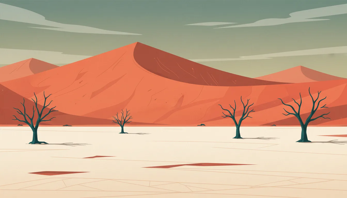 Editorial illustration of Deadvlei's red dunes, white clay pan and dead camelthorn trees.