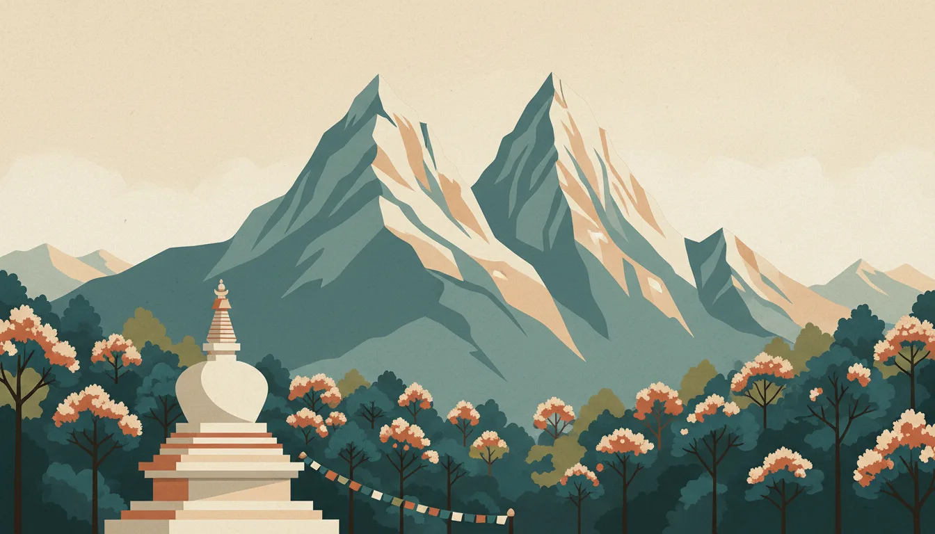 Editorial illustration of Machapuchare's twin peak above a rhododendron forest, a white stupa and prayer flags.