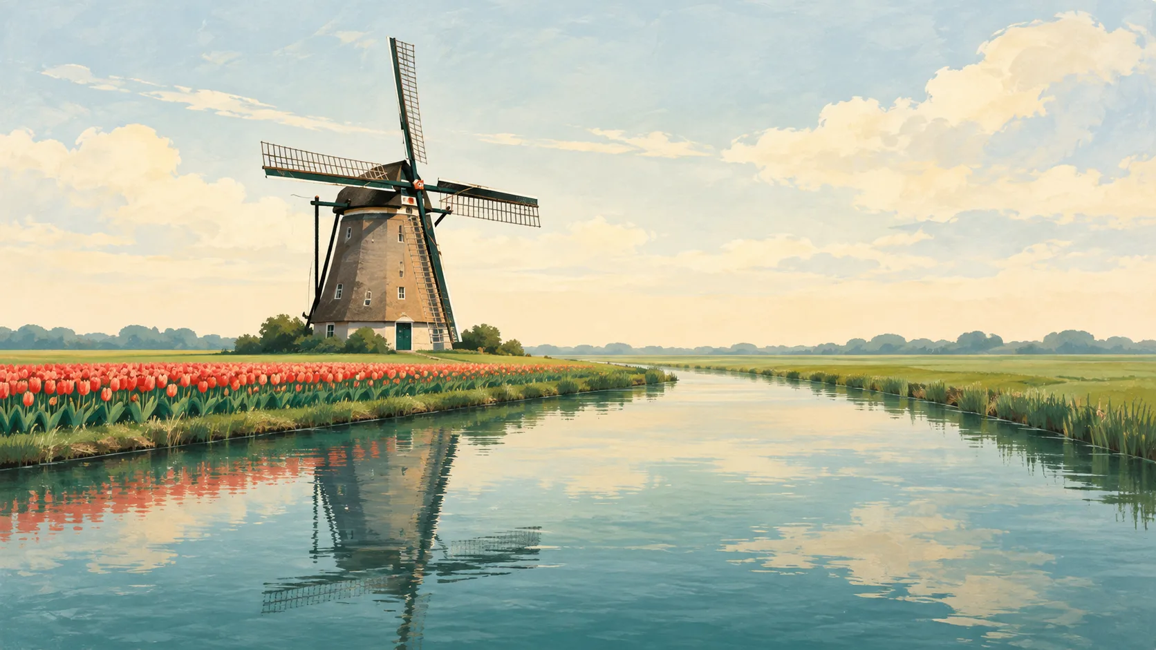 Editorial illustration of one Dutch windmill beside a calm canal, flat green fields, and a simple band of red tulips.