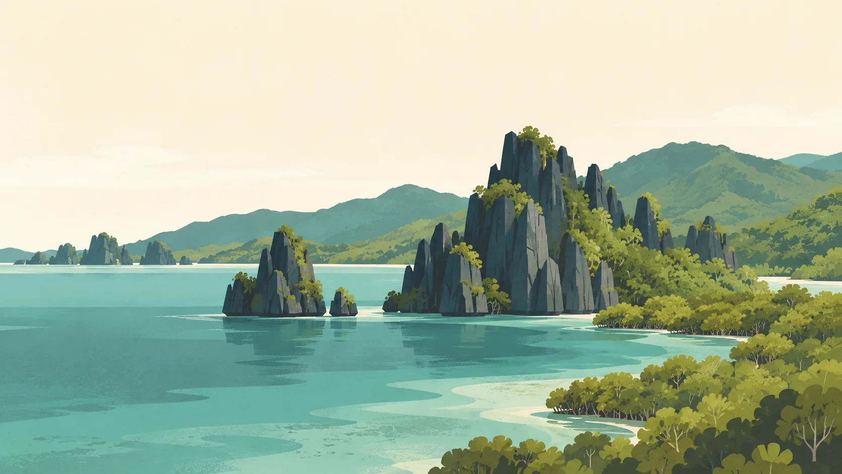 Editorial illustration of New Caledonia's Hienghène: distinctive dark limestone sea formations rising from a muted teal lagoon, broad mangrove and green coastal hills, quiet pale sky.