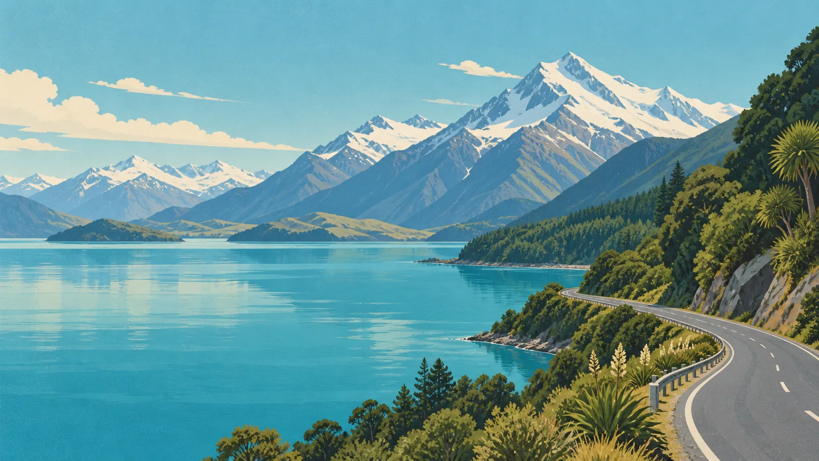 Editorial illustration of New Zealand mountains, a turquoise lake, native forest and a winding road.