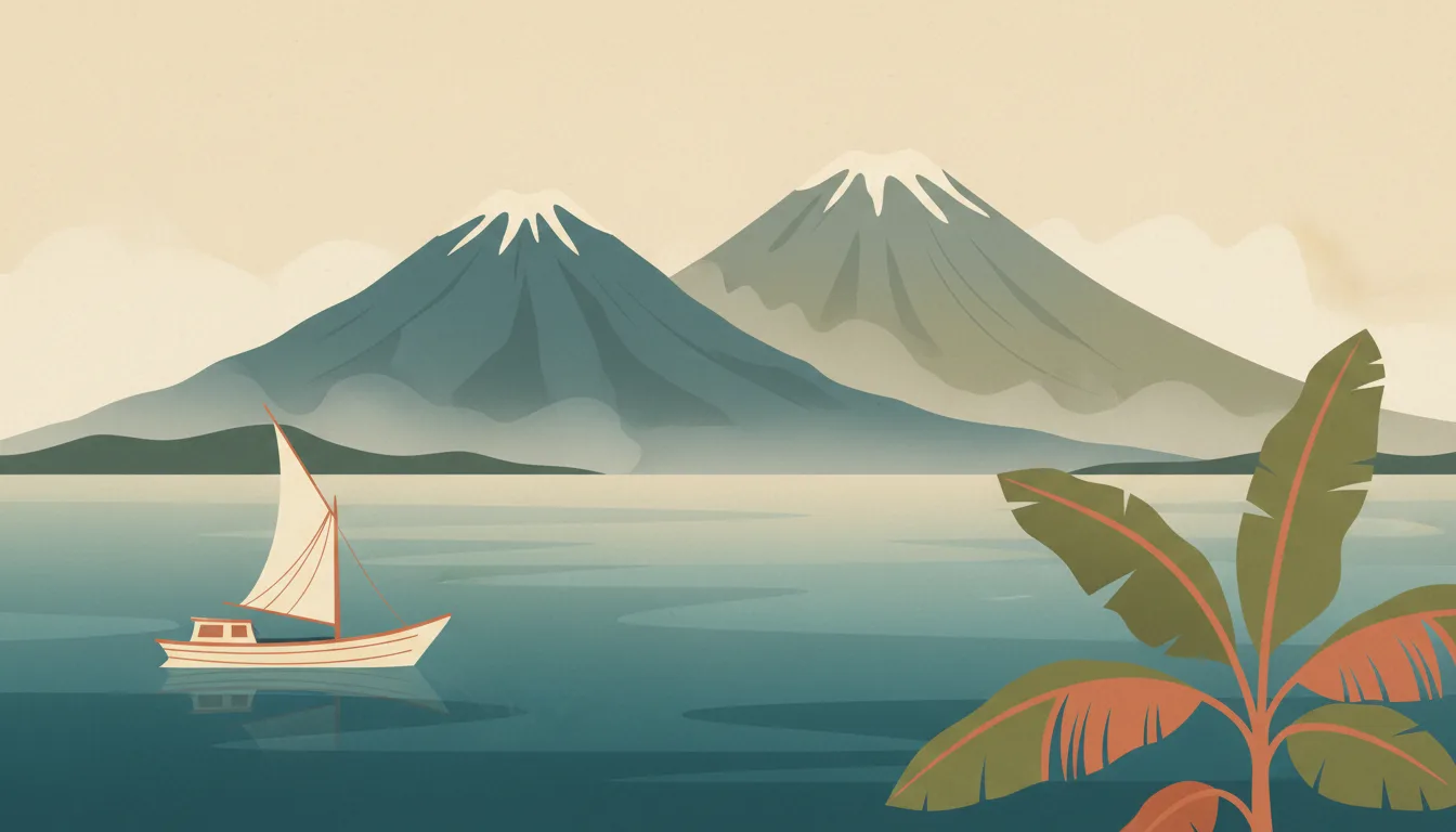 Editorial illustration of ometepe: the twin volcano island seen across Lake Nicaragua with a wooden boat and banana plants.