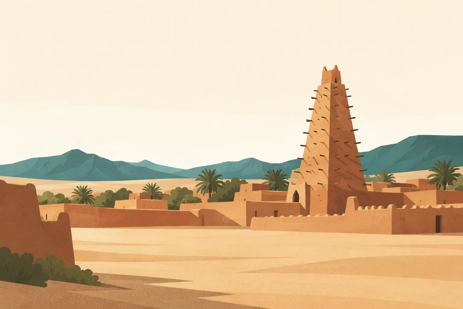 Editorial illustration: The tall earthen minaret of Agadez with wooden projections, low ochre mud-brick roofs and a broad quiet sandy foreground.