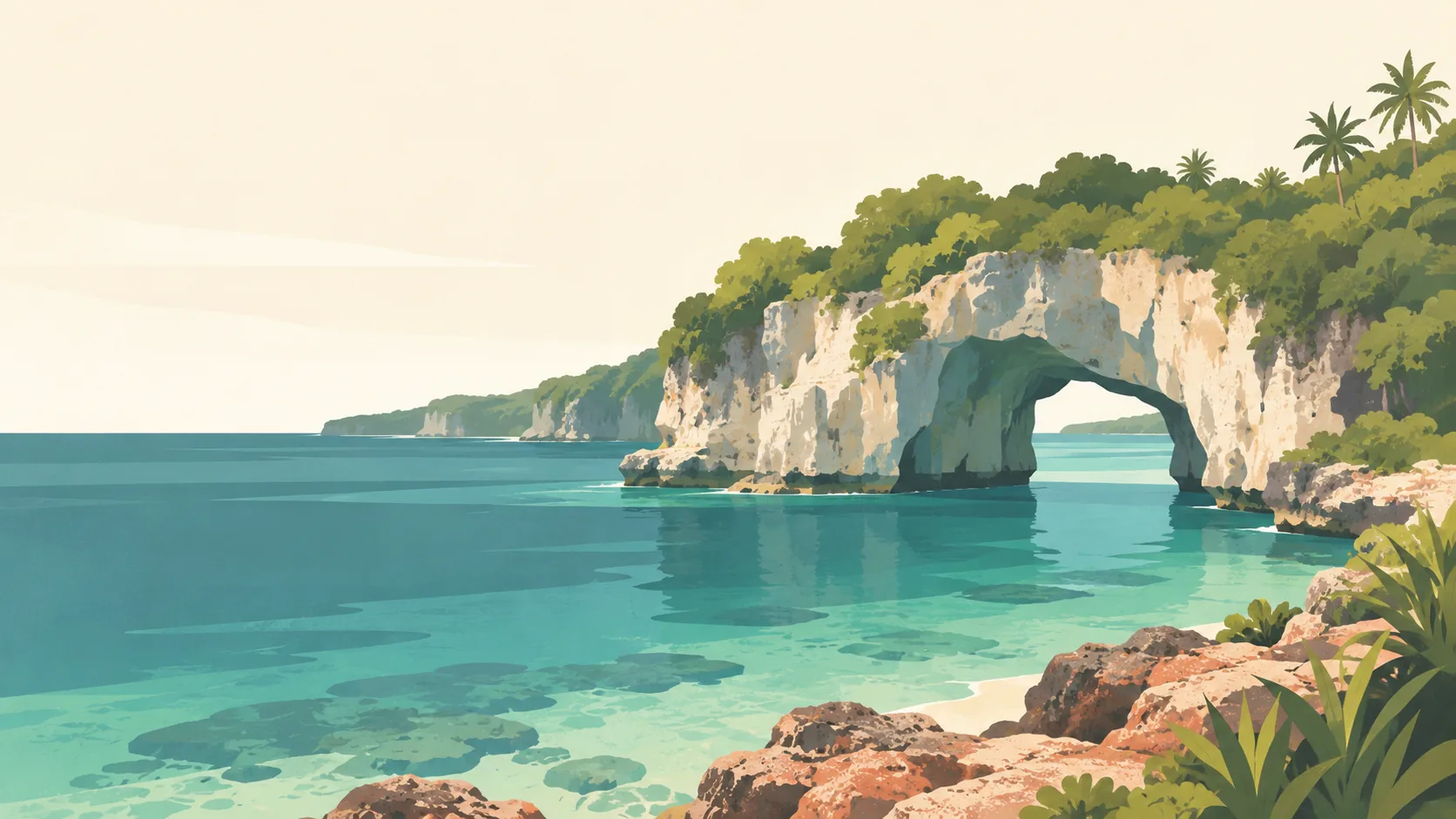 Editorial illustration of Niue's Talava coast: a single pale limestone natural arch opening onto still jade water, broad tropical forest shapes and a little warm coral rock foreground.