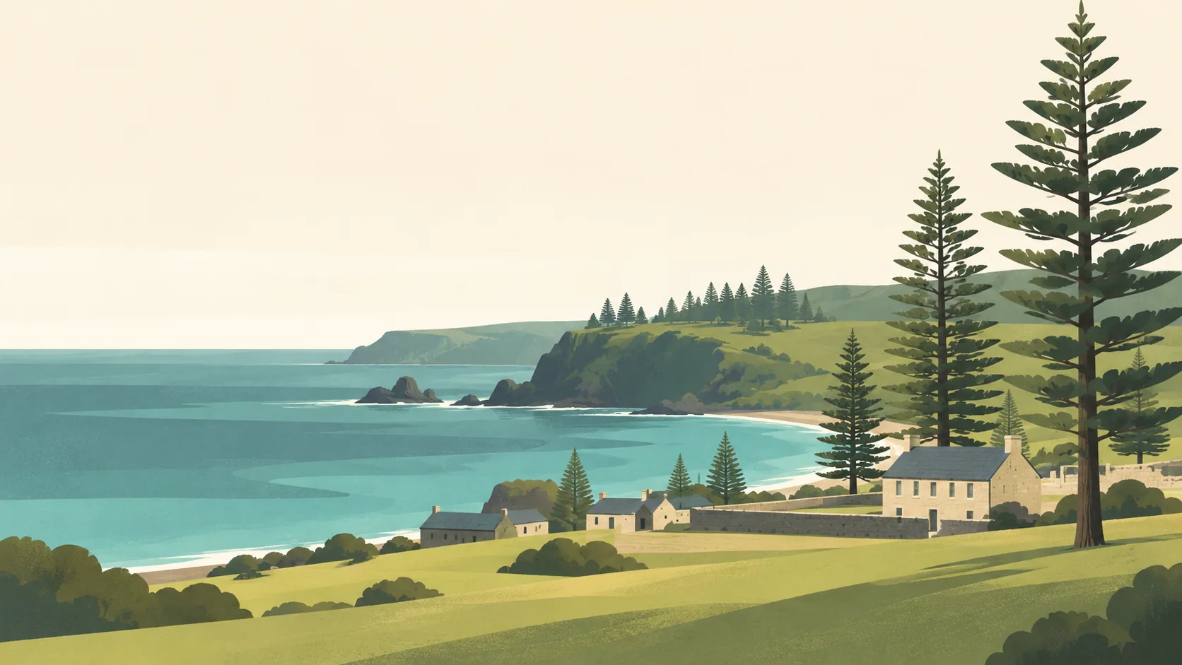 Editorial illustration of Norfolk Island: a few tall distinctive Norfolk Island pines framing Kingston's low Georgian stone buildings, broad green coastal grass and muted blue-green Pacific water.