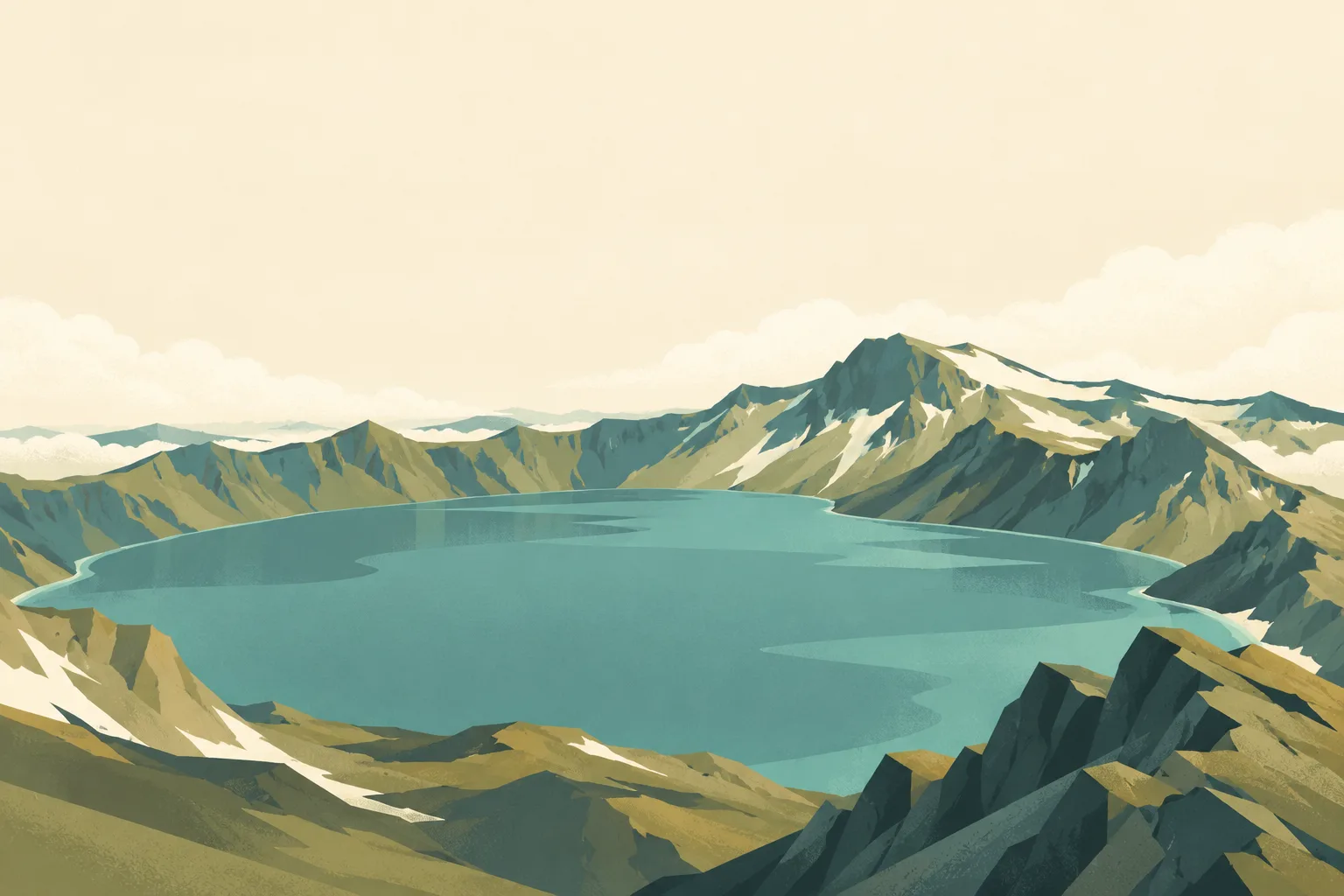 Editorial illustration: Mount Paektu crater lake surrounded by barren volcanic ridges, subdued blue green water, cream cloud and no political symbols.