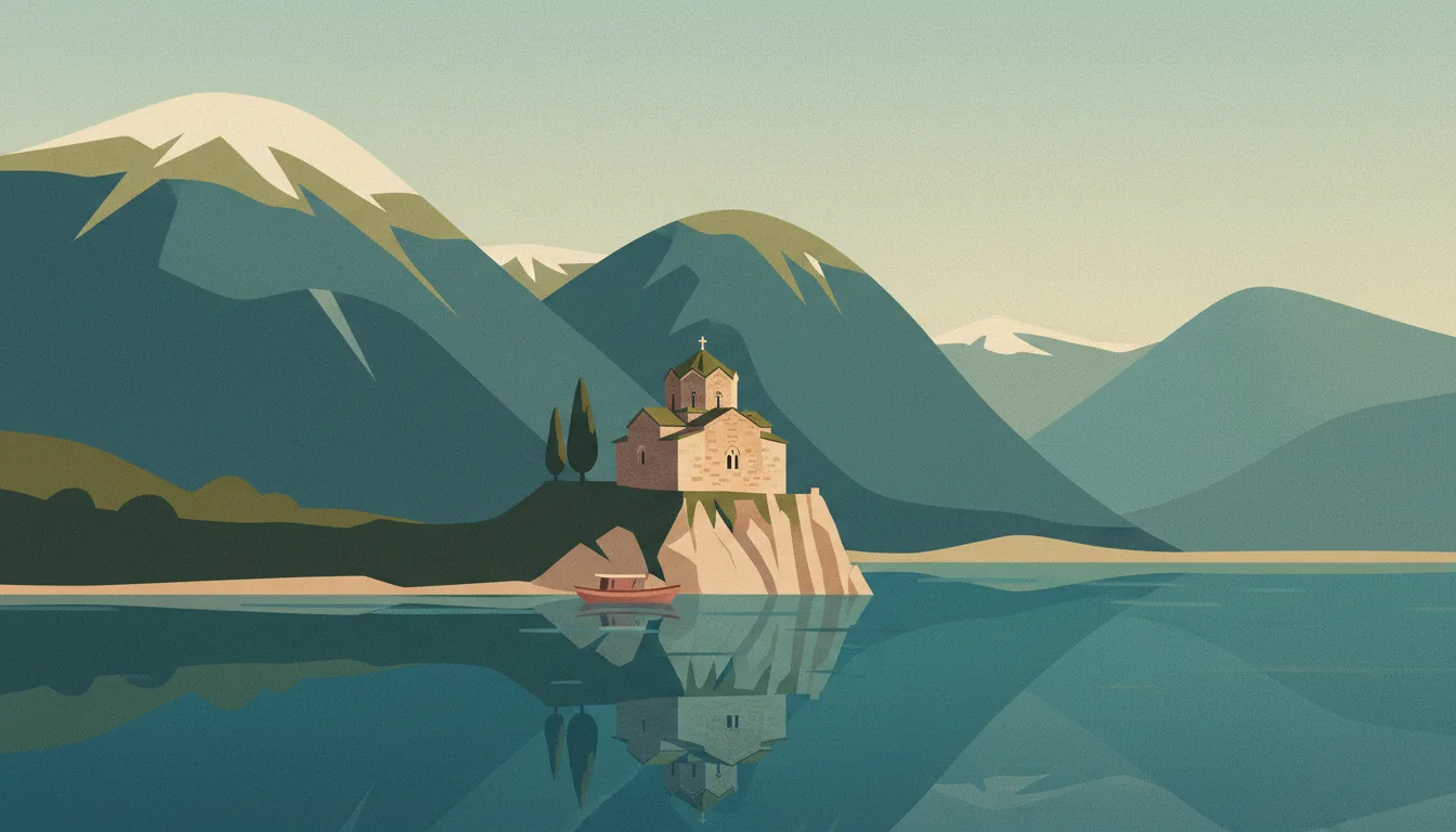 Editorial illustration of ohrid: the small stone church of St John at Kaneo on its cliff above the still lake, Galicica mountains behind.