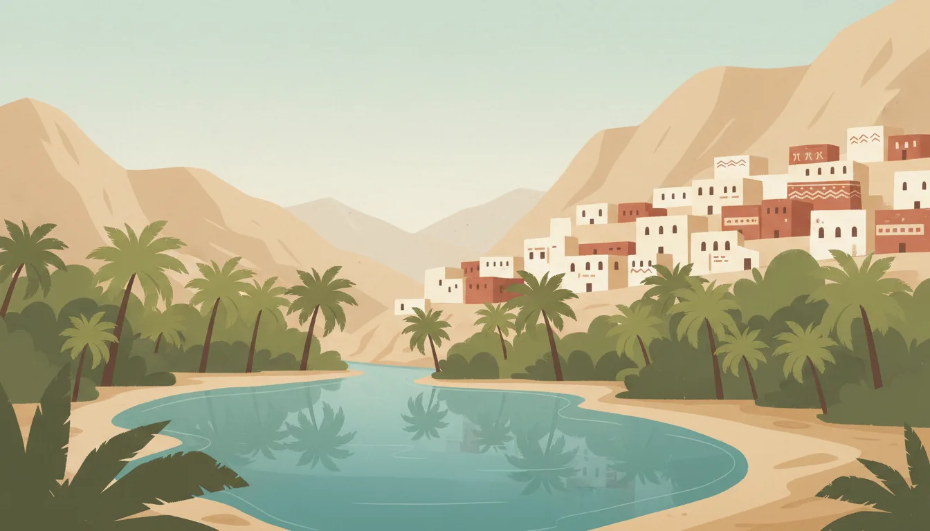Editorial illustration of a Hajar mountain wadi with a turquoise pool, date palms and a terraced mud-brick village.