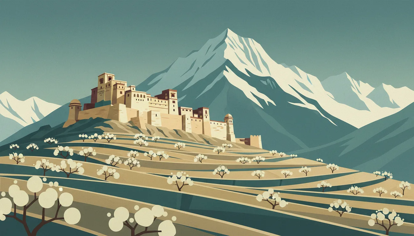 Editorial illustration of hunza: the Baltit fort above terraced apricot orchards with Rakaposhi's snow peak behind.