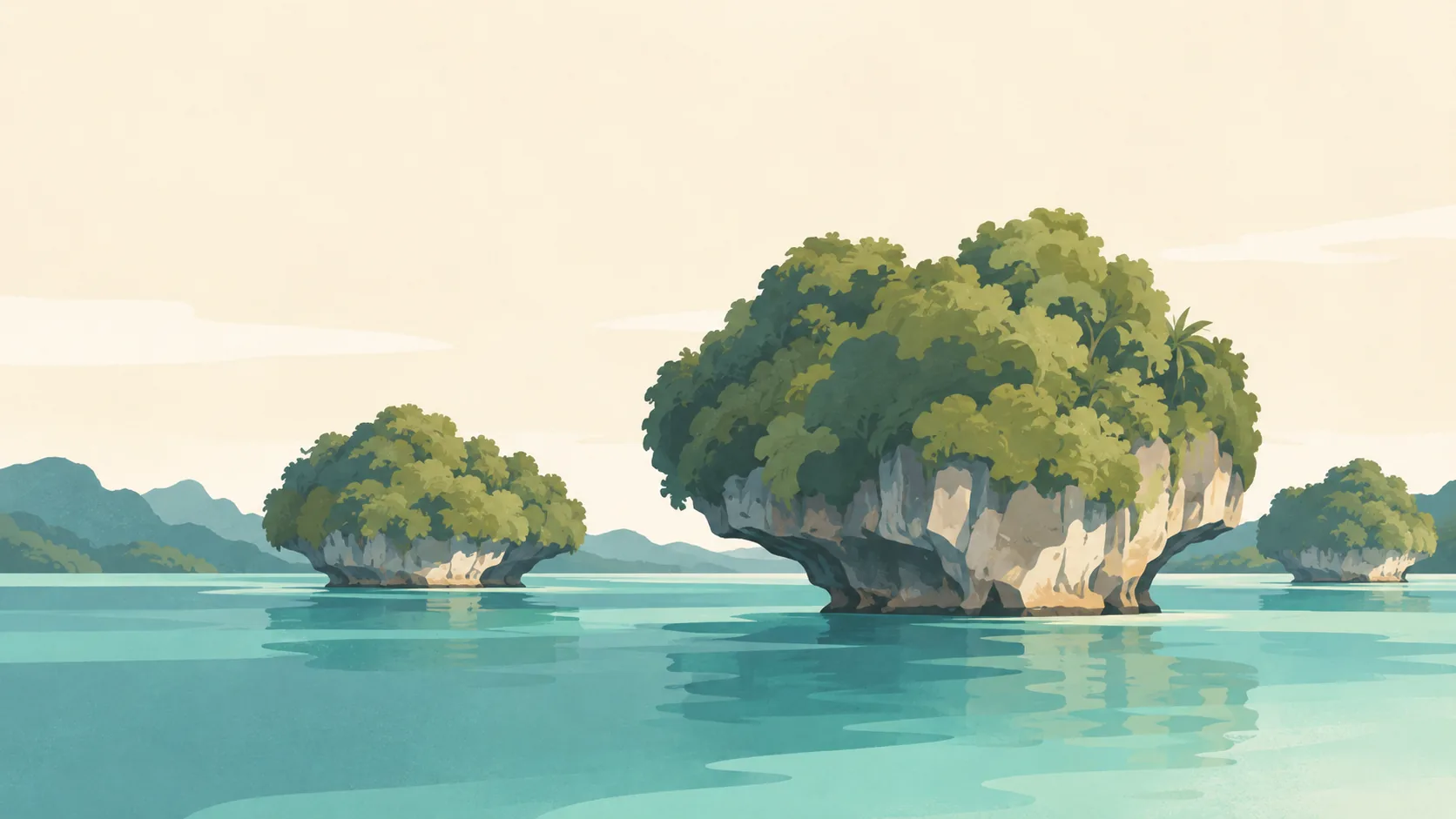 Editorial illustration of Palau's Rock Islands: three distinctive mushroom-shaped limestone islets covered in broad green foliage above still muted turquoise lagoon water, one low foreground island, warm pale sky.