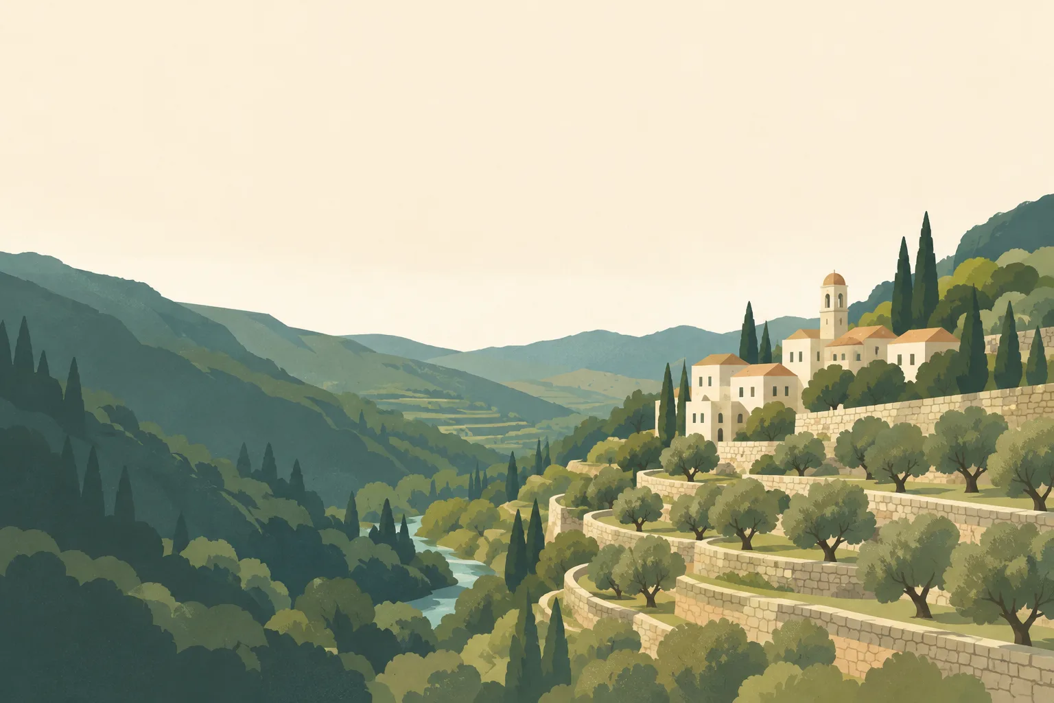 Editorial illustration: The old stone terraced olive groves of Battir with one small pale limestone village, stepped agricultural walls and muted green hills. No political flags.