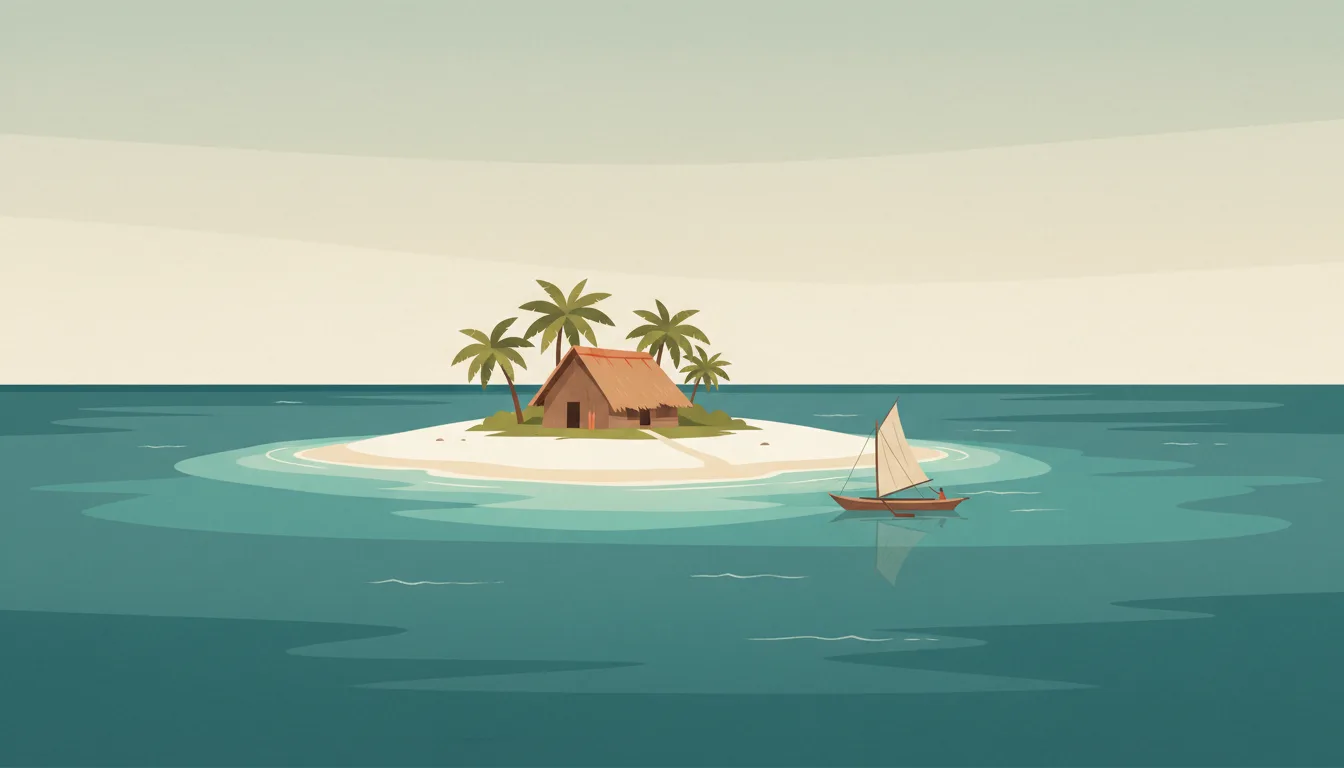 Editorial illustration of a tiny palm island with a thatched hut in the turquoise San Blas sea.