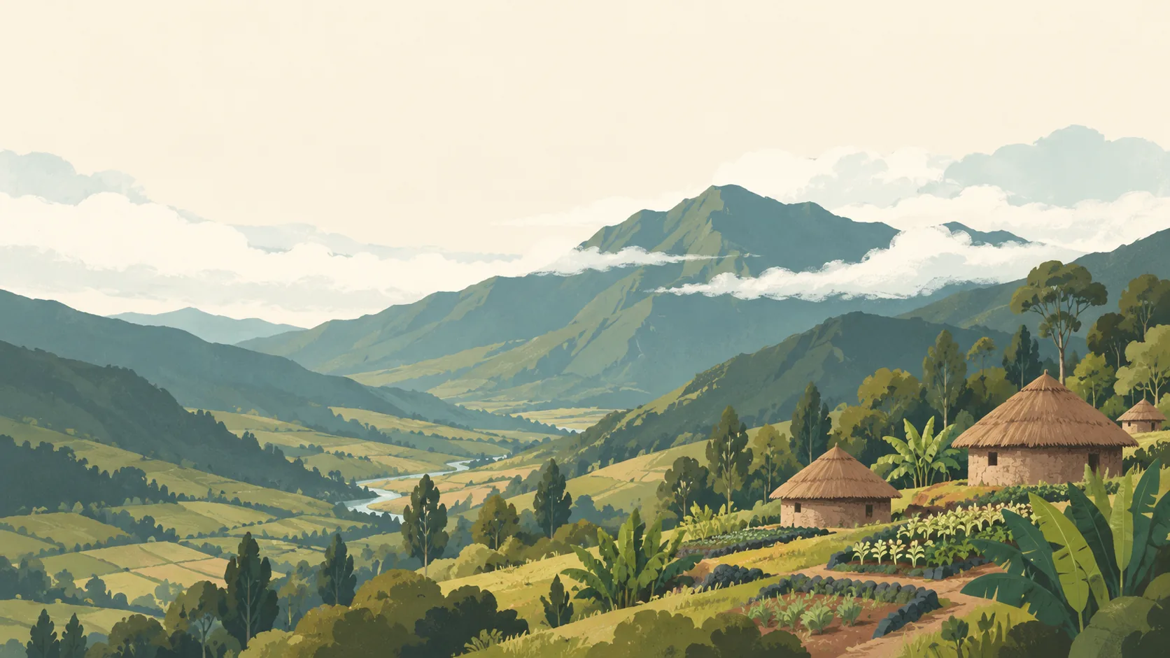 Editorial illustration of Papua New Guinea's highlands: rounded green valleys, a few small traditional round thatched houses and cultivated garden patches, soft cloud wrapping a distant ridge.
