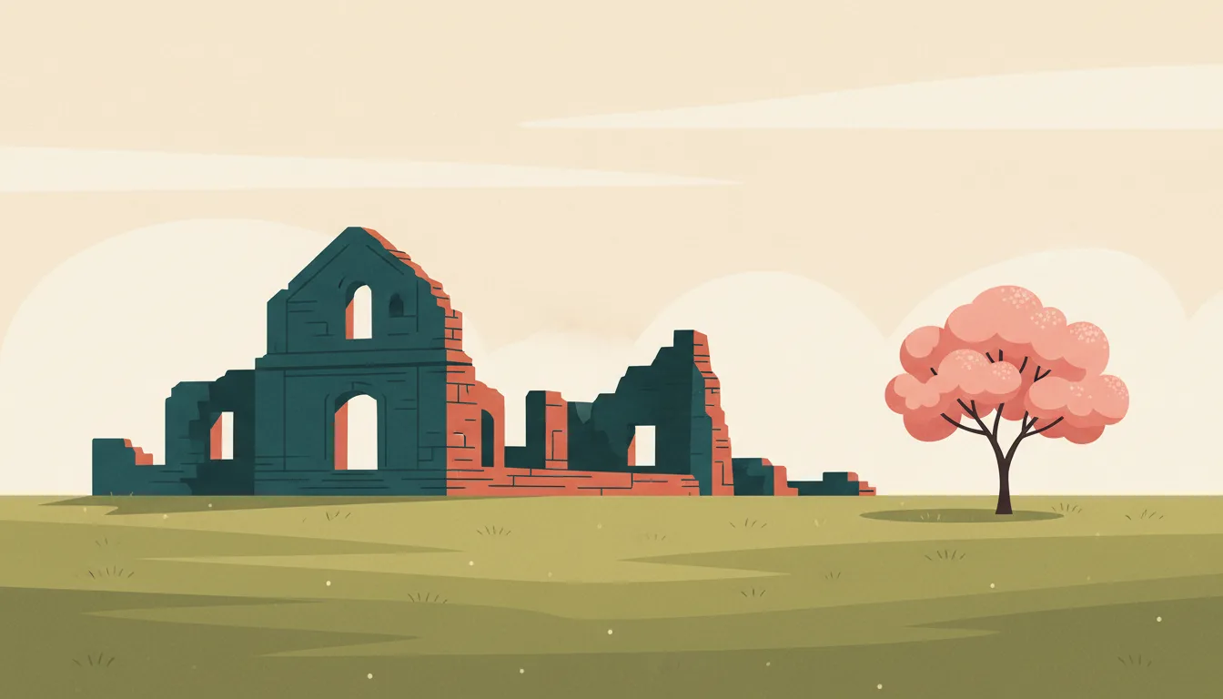 Editorial illustration of trinidad mission: red sandstone Jesuit ruins in a green meadow with a lapacho tree in pink bloom.