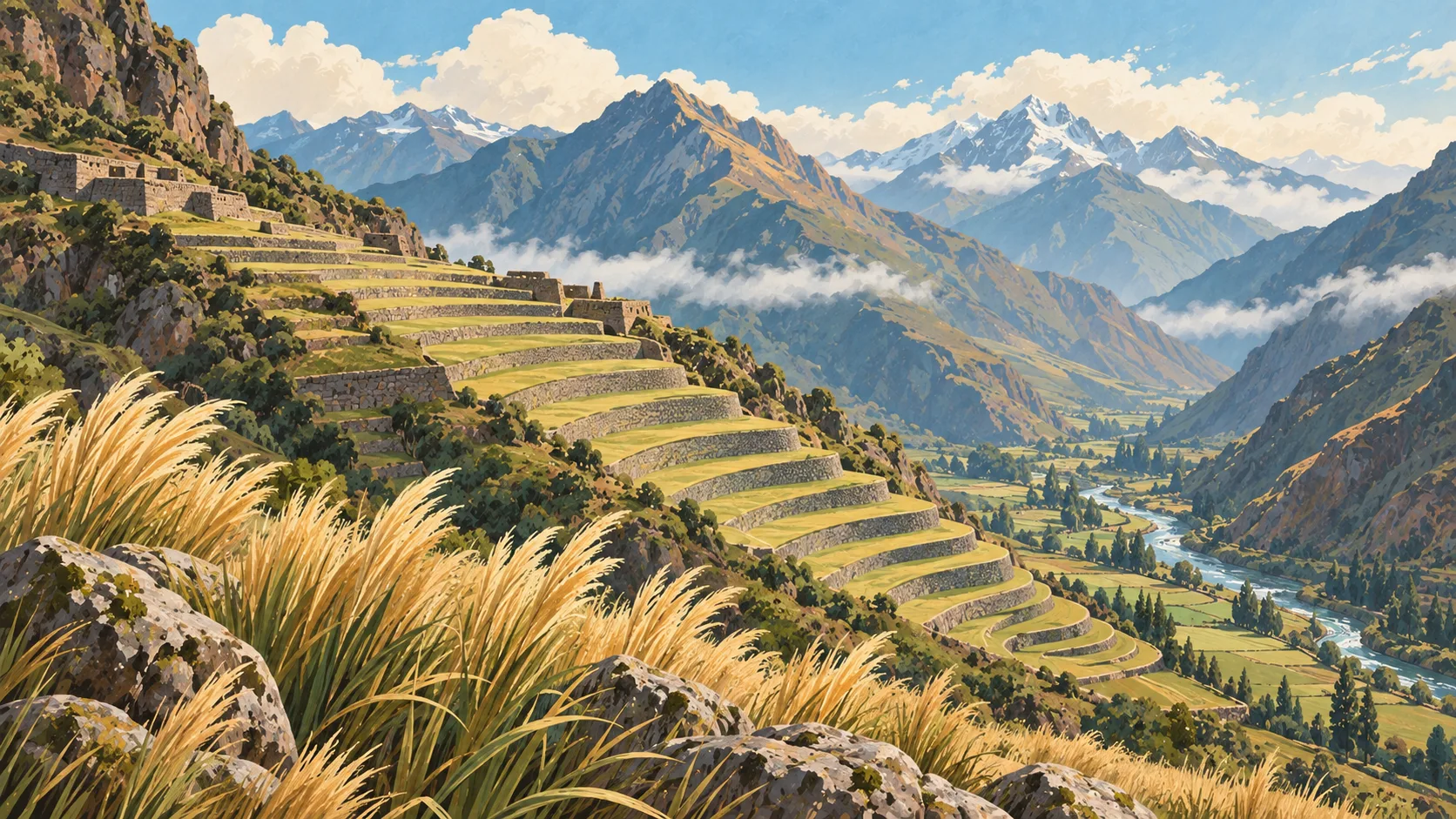 Editorial illustration of monumental Inca terraces, an Andean river valley, snow-touched peaks and golden ichu grass.
