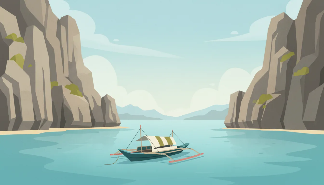 Editorial illustration of El Nido's limestone karst cliffs around a calm turquoise lagoon with one outrigger boat.