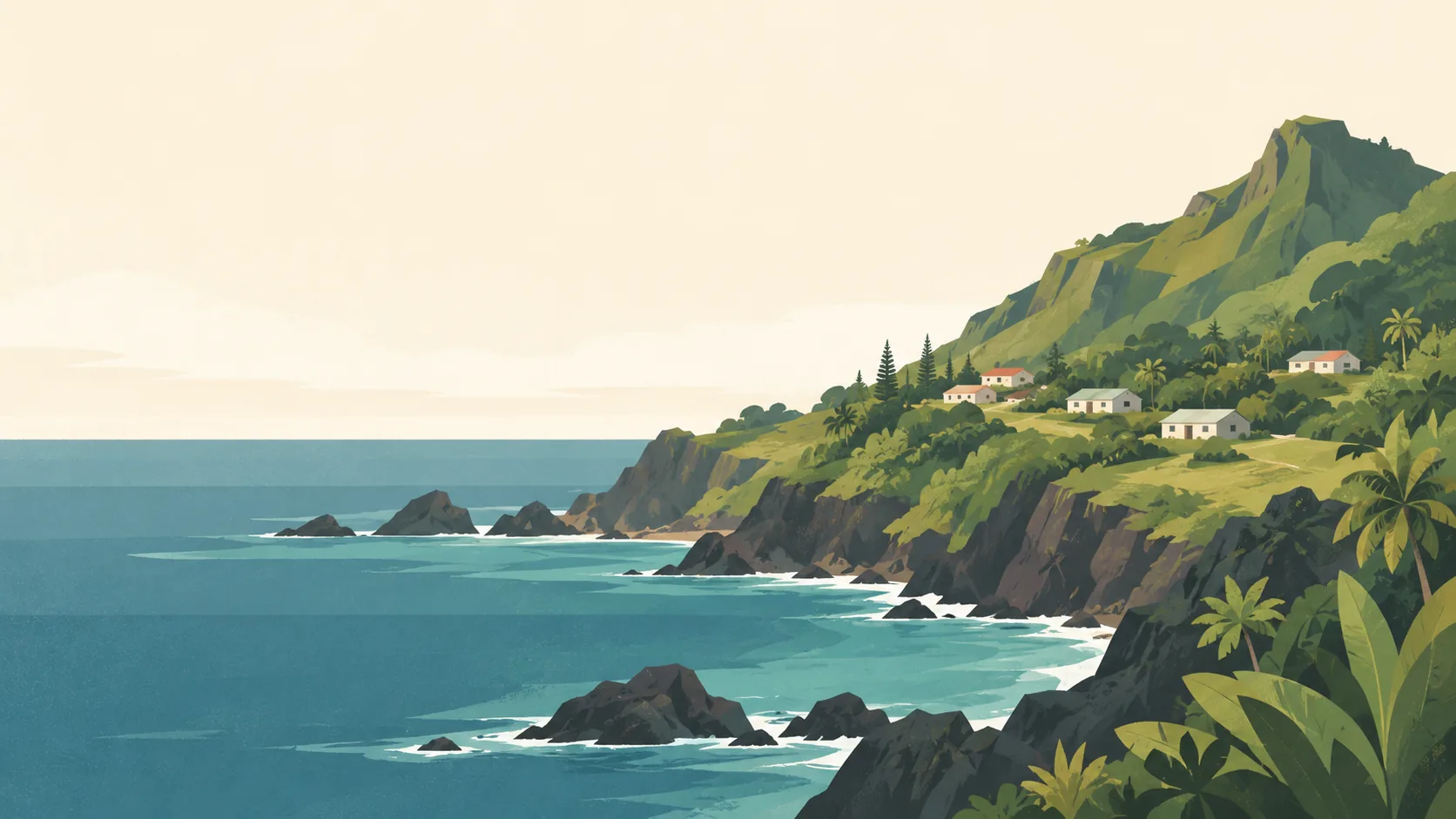 Editorial illustration of The Pitcairn Islands: Adamstown's small cluster of simple timber houses on a broad lush green volcanic slope above Bounty Bay's rugged rocky shore, quiet slate-teal South Pacific water and soft pale sky.