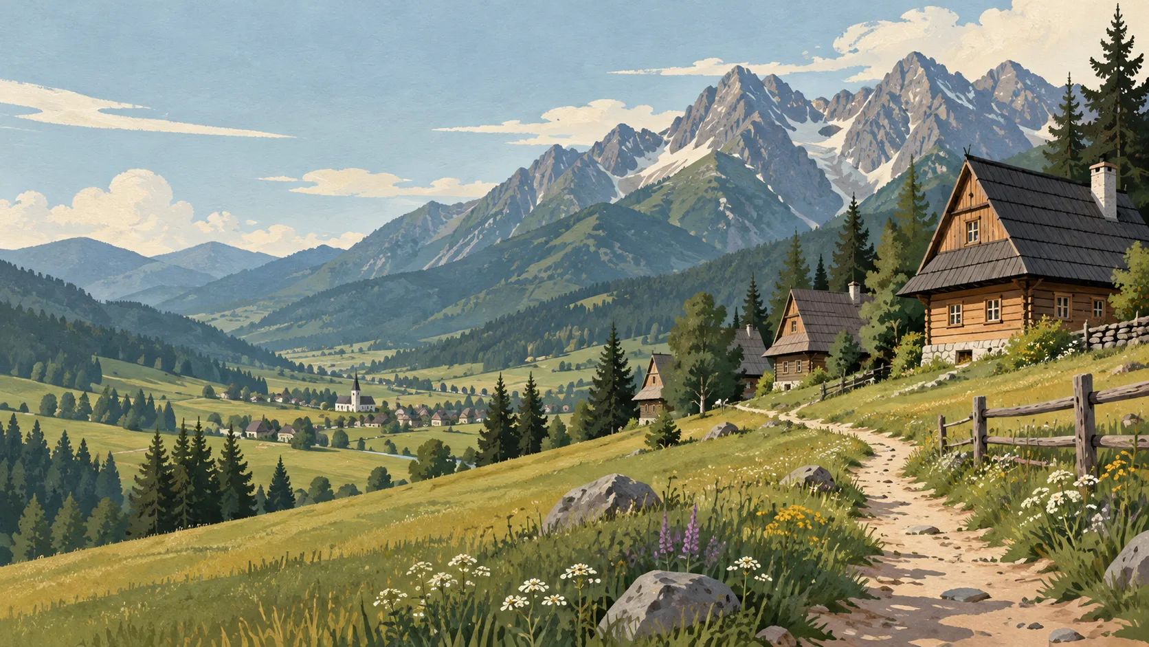 Editorial illustration of a Polish mountain village, wooden houses, a green valley and the Tatra peaks.