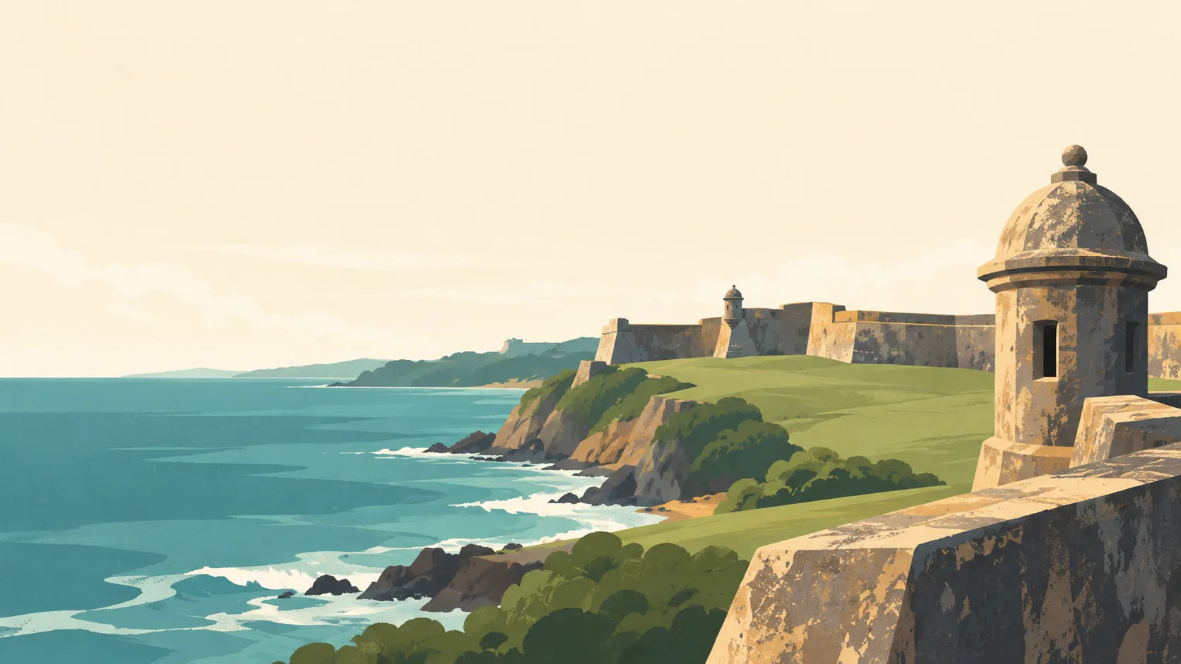 Editorial illustration of Puerto Rico's El Morro in Old San Juan: one stone sentry turret and fort rampart above a broad green lawn and muted teal Atlantic water, soft warm sky.