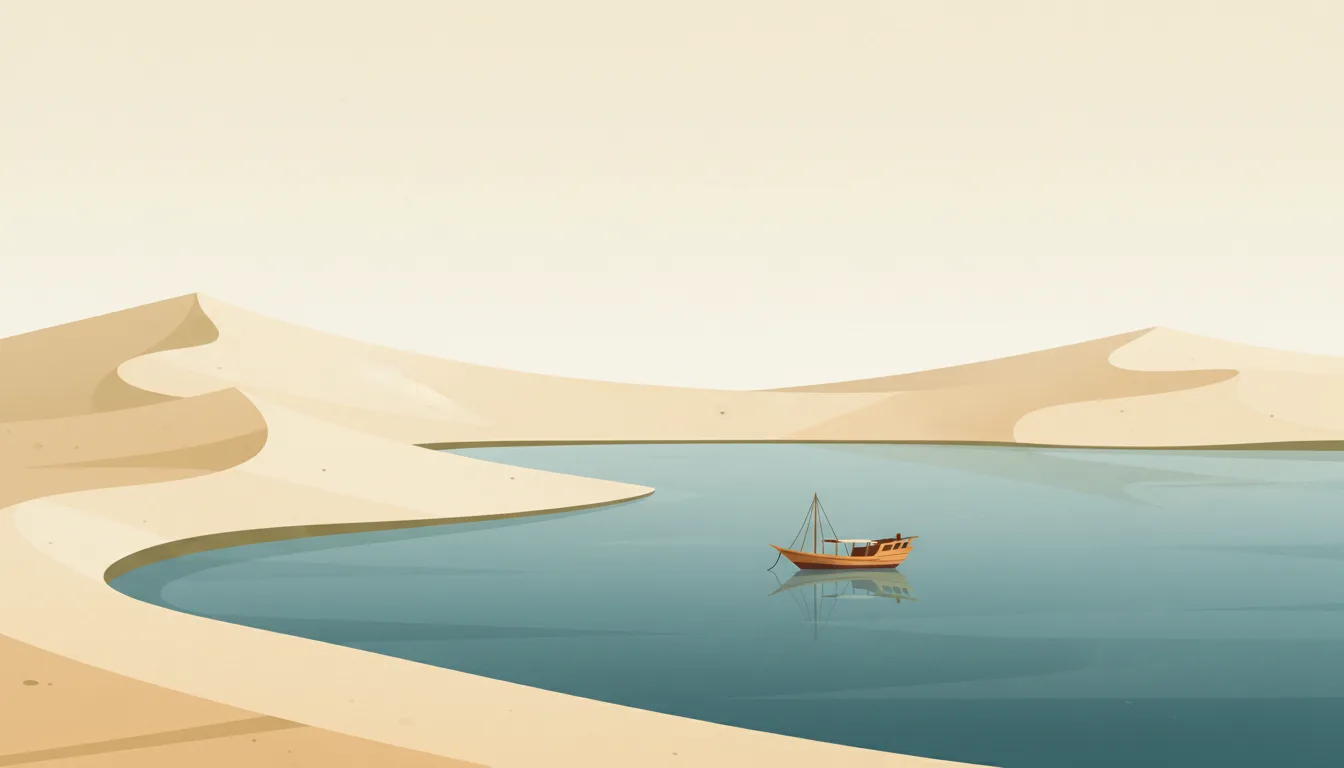 Editorial illustration of khor Al Adaid: pale sand dunes meeting a still inland sea, a single dhow at anchor.