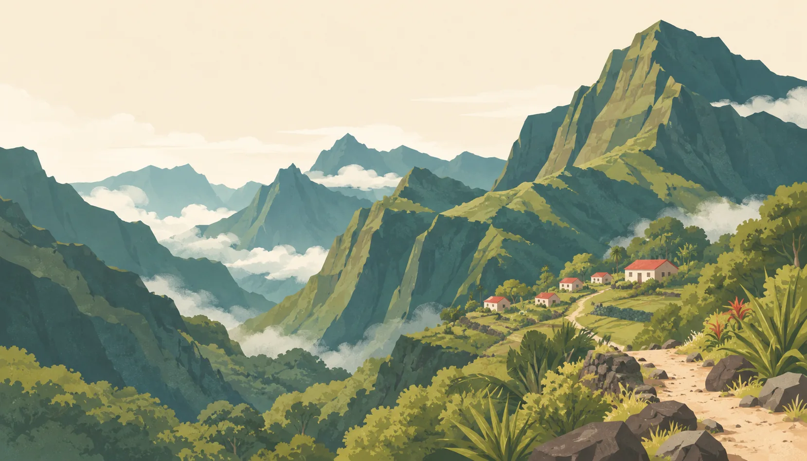 Editorial illustration of Réunion's Mafate cirque: dramatic broad green volcanic walls surrounding a small isolated Creole hamlet with a few red roofs, soft cloud and warm pale foreground paths.