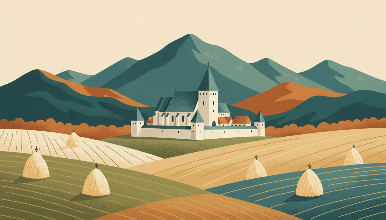Editorial illustration of a fortified Saxon church village in Transylvanian hayfields with the Carpathians behind.