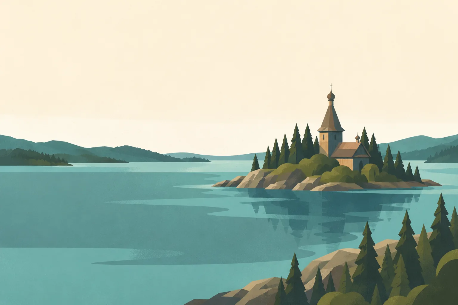 Editorial illustration: The small wooden church and dark pines of an island in Lake Onega, broad muted teal water, soft northern light and pale cream sky. No political symbols.